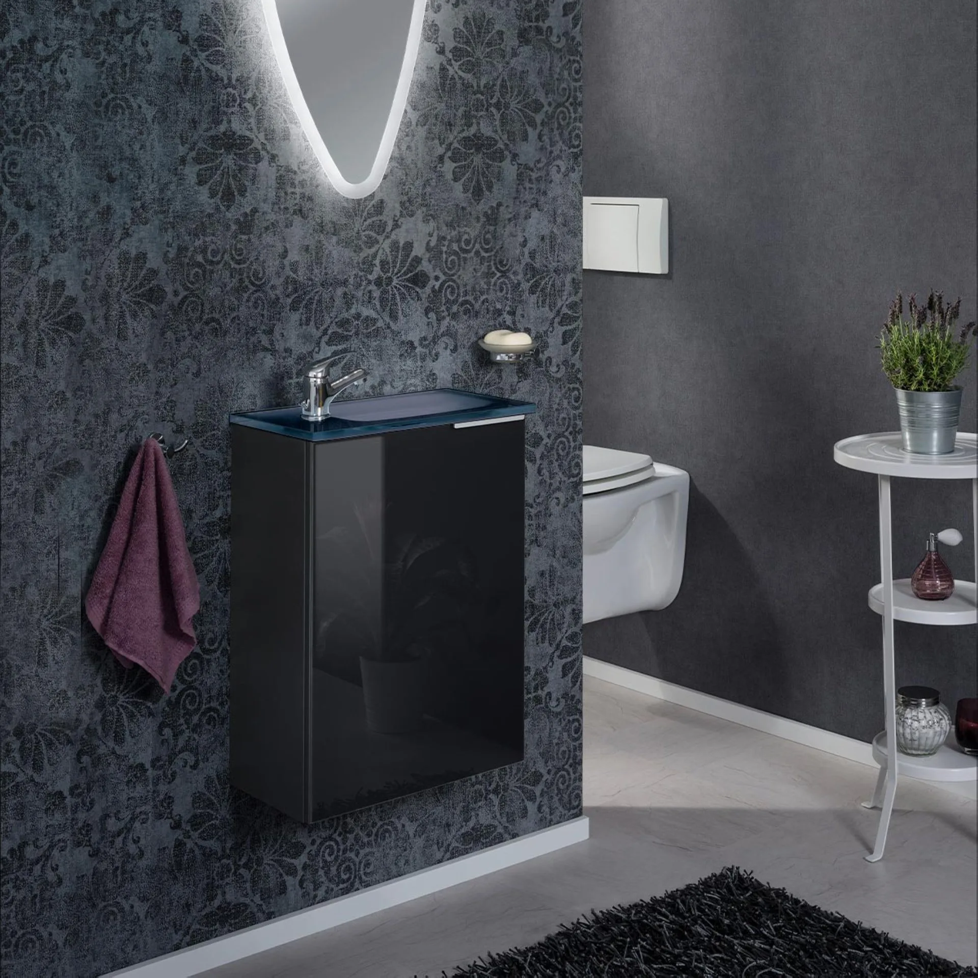 FACKELMANN SBC KARA Gäste WC Waschtisch Set 45 cm breit, Anthrazit, Waschbecken Glas Anthrazit, Türanschlag links