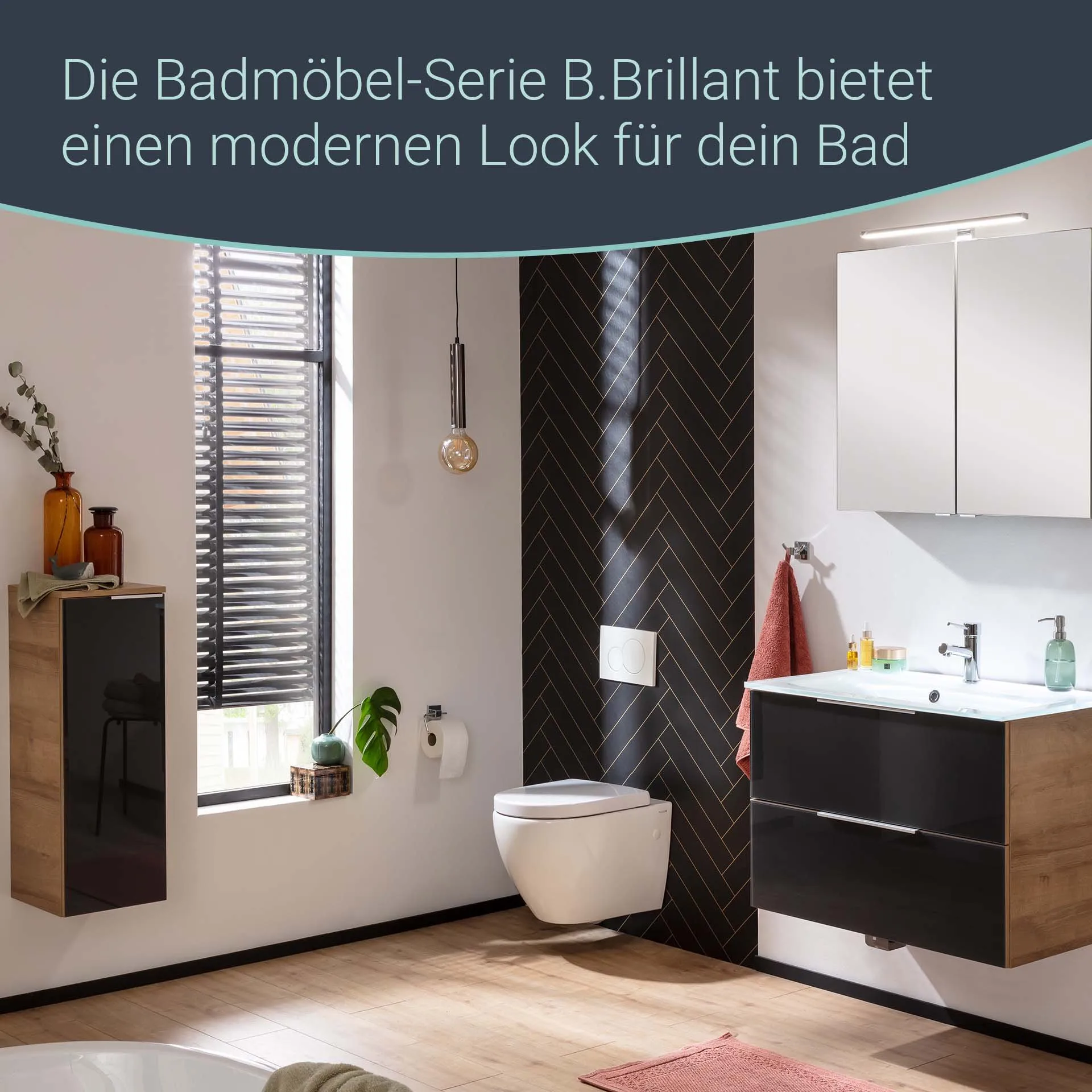 FACKELMANN B.BRILLANT Waschbecken mit Unterschrank 80 cm breit, Anthrazit Glas/Braun hell, Waschbecken Glas Weiß