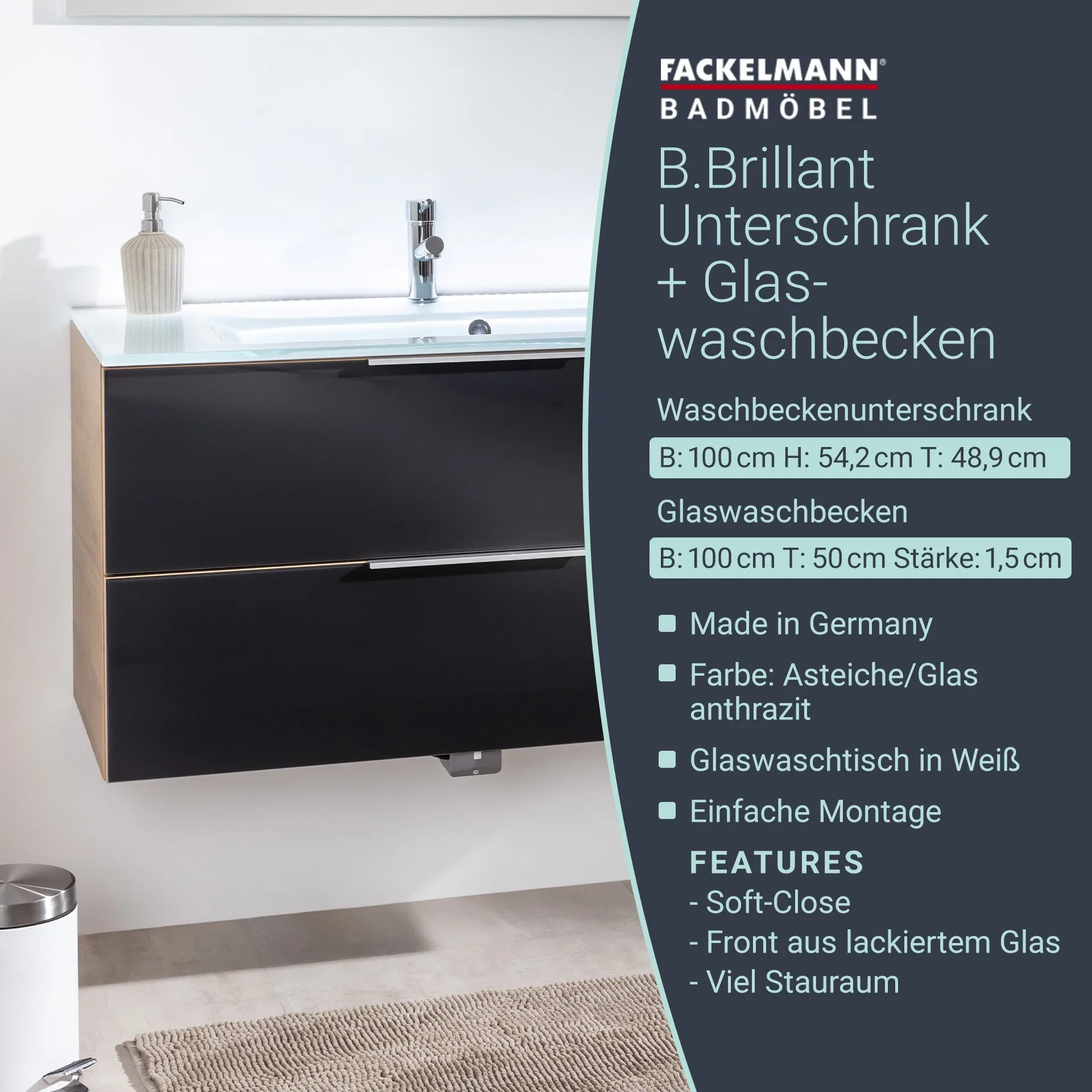 FACKELMANN B.BRILLANT Waschbecken mit Unterschrank 100 cm breit, Anthrazit Glas/Braun hell, Waschbecken Glas Weiß