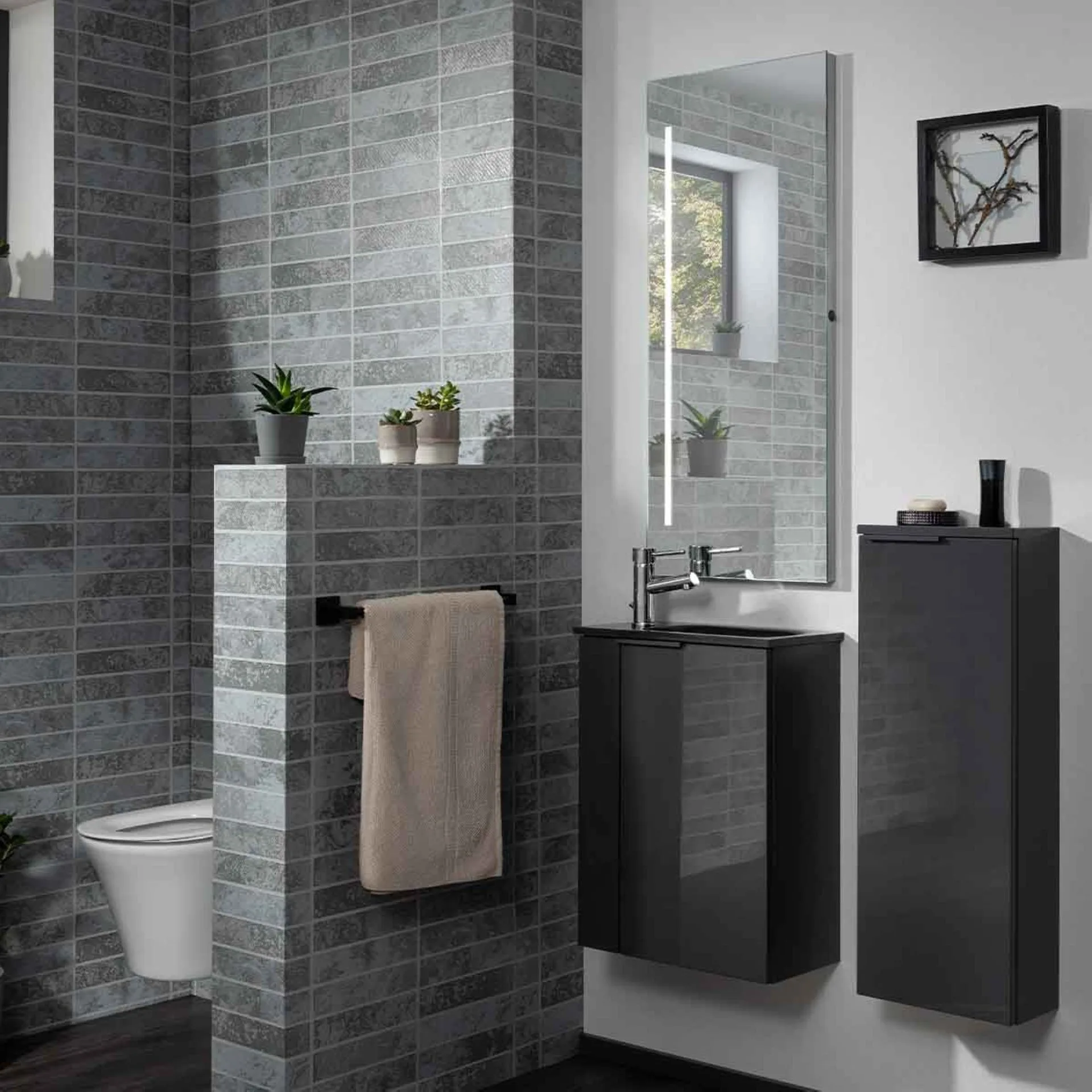 FACKELMANN SBC LUNA Gäste WC Waschtisch Set mit Spiegel 45 cm breit, Anthrazit, Waschbecken Glas Anthrazit, Türanschlag rechts