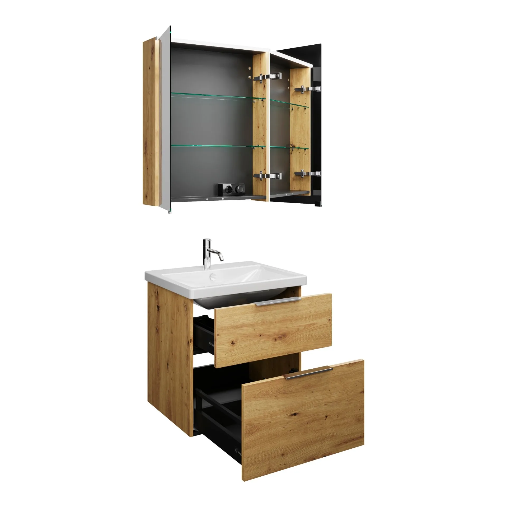 Burgbad EQIO Waschtisch Set mit Spiegelschrank 65 cm breit, Braun, Waschbecken Keramik Weiß
