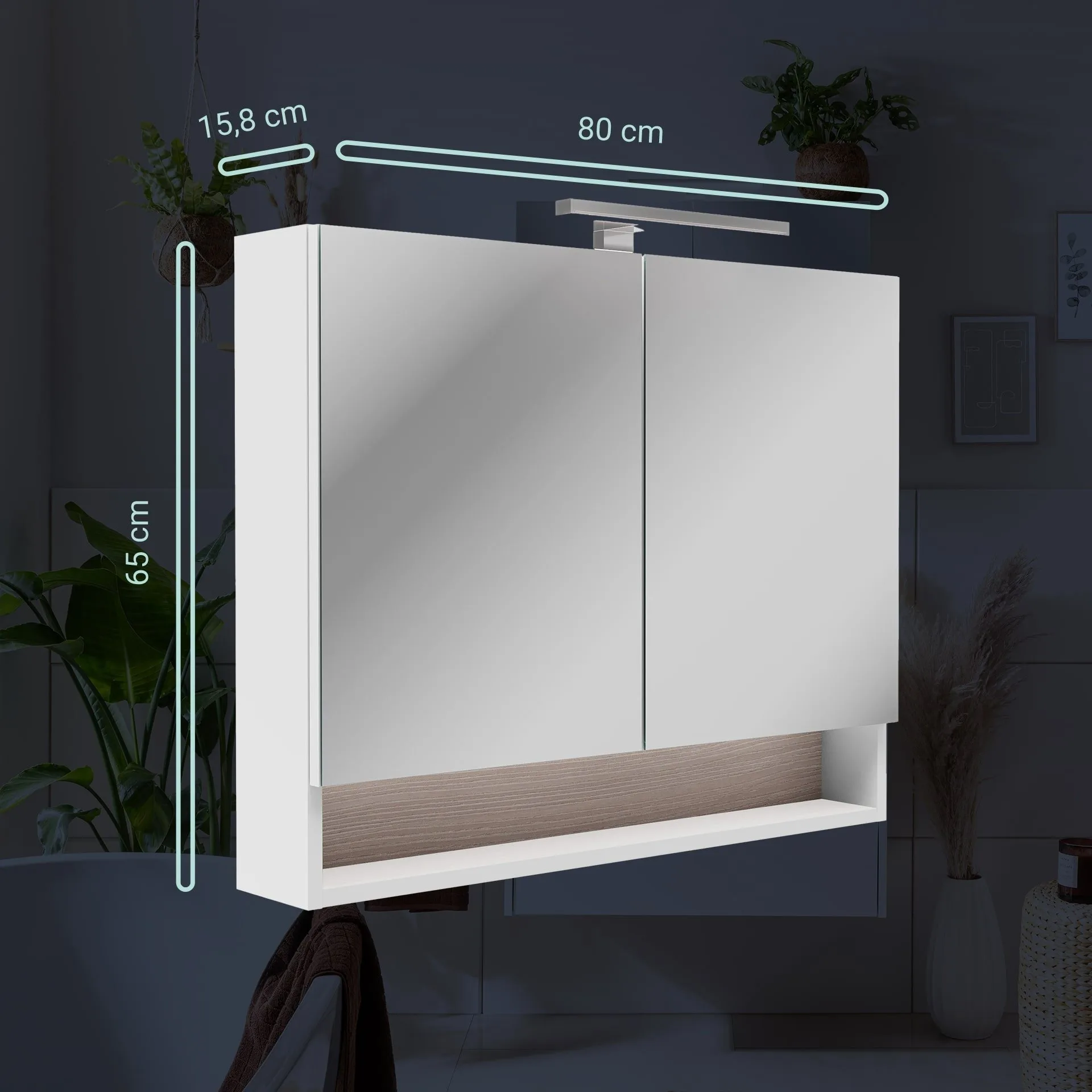 BADEDU OKA Waschtisch Set mit Spiegelschrank 81 cm breit, Weiß/Braun, Waschbecken Keramik Weiß + LED Aufsatzleuchte