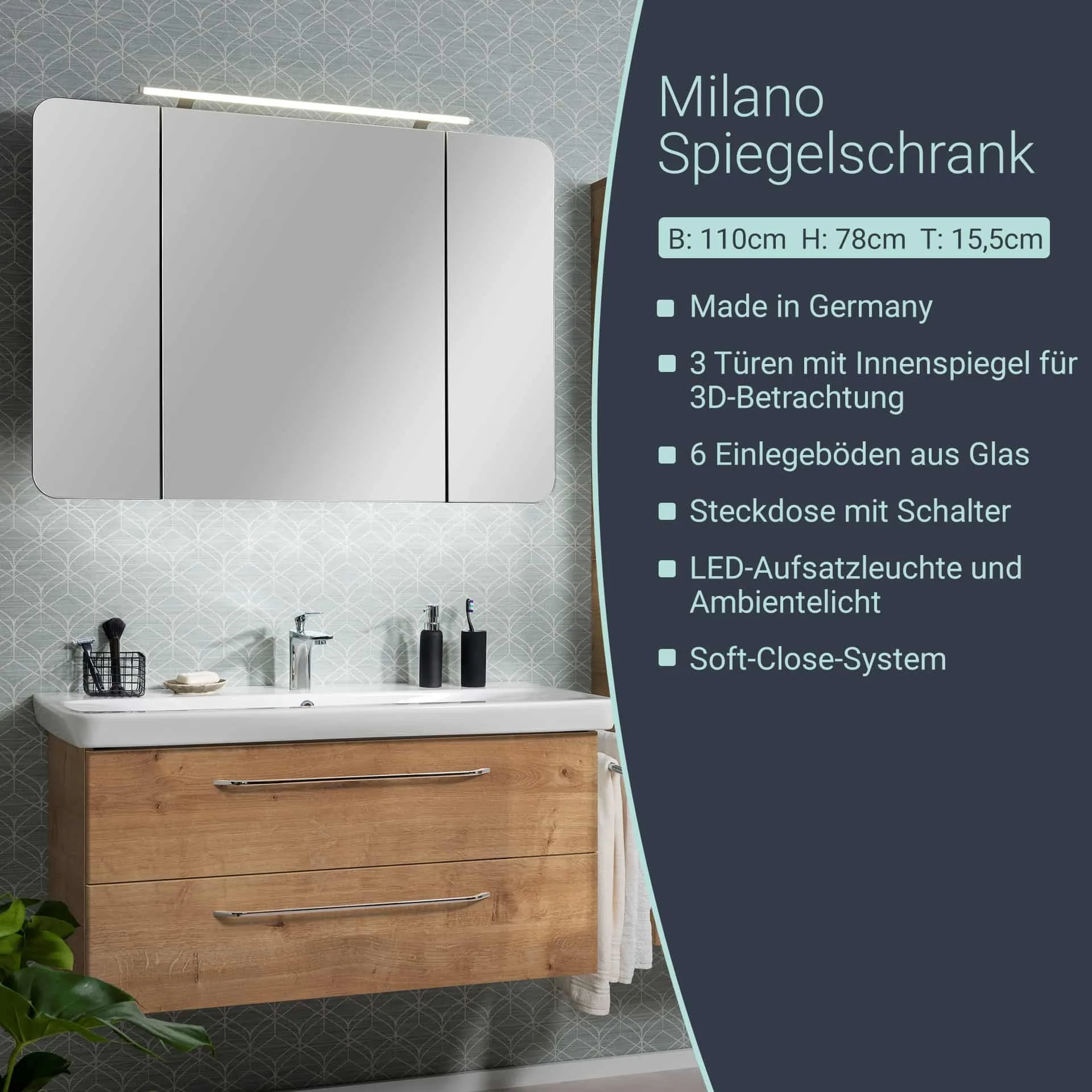 FACKELMANN MILANO LED Spiegelschrank 110 cm breit, Braun hell