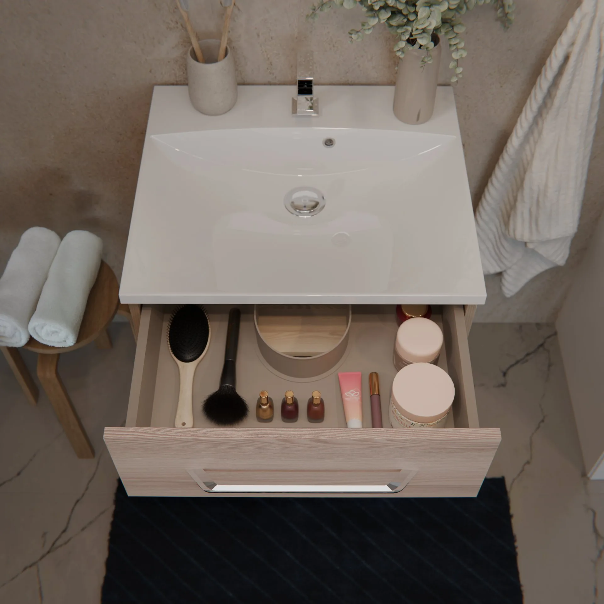 FACKELMANN B.CLEVER Waschtisch Set mit Spiegelschrank 60 cm breit, Braun hell, Waschbecken Gussmarmor Weiß