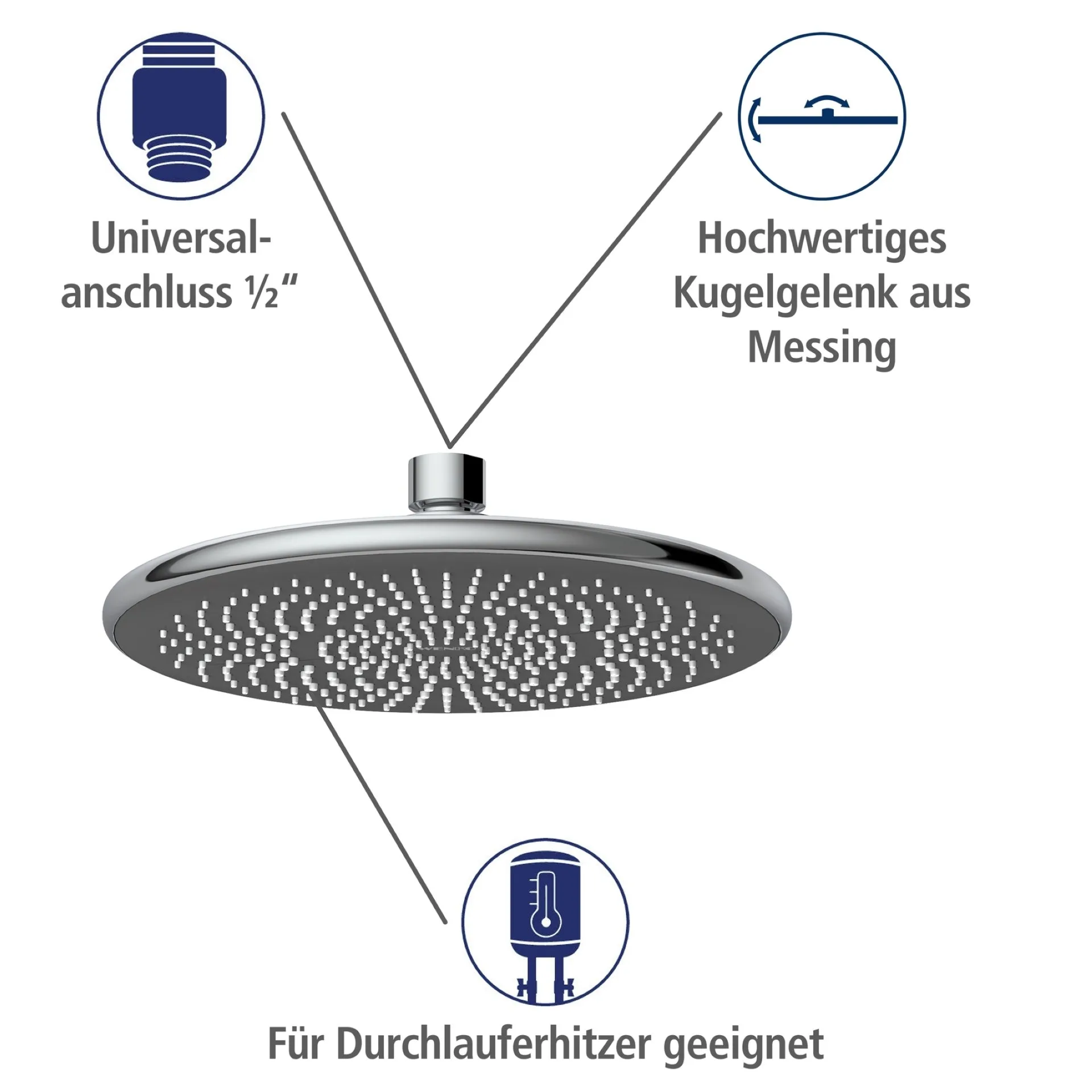WENKO Duschkopf Regendusche Ø 22,5 cm, Chrom, mit Wassersparsystem, 3 verschiedene Wasserstrahlarten