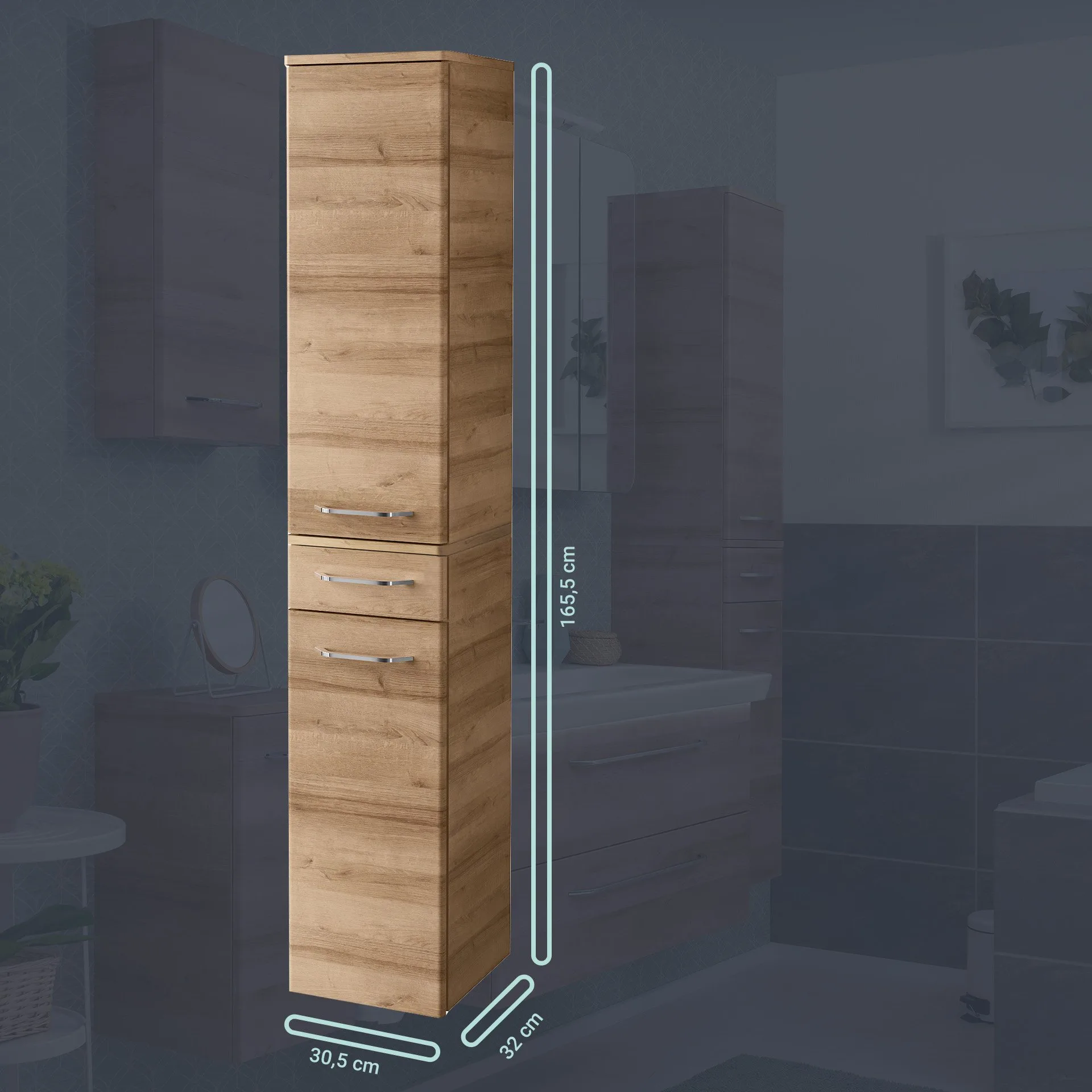 FACKELMANN MILANO Badmöbel Set 4-teilig 88 cm breit, Braun hell, Waschbecken Keramik Weiß + LED Spiegelschrank + Hochschrank