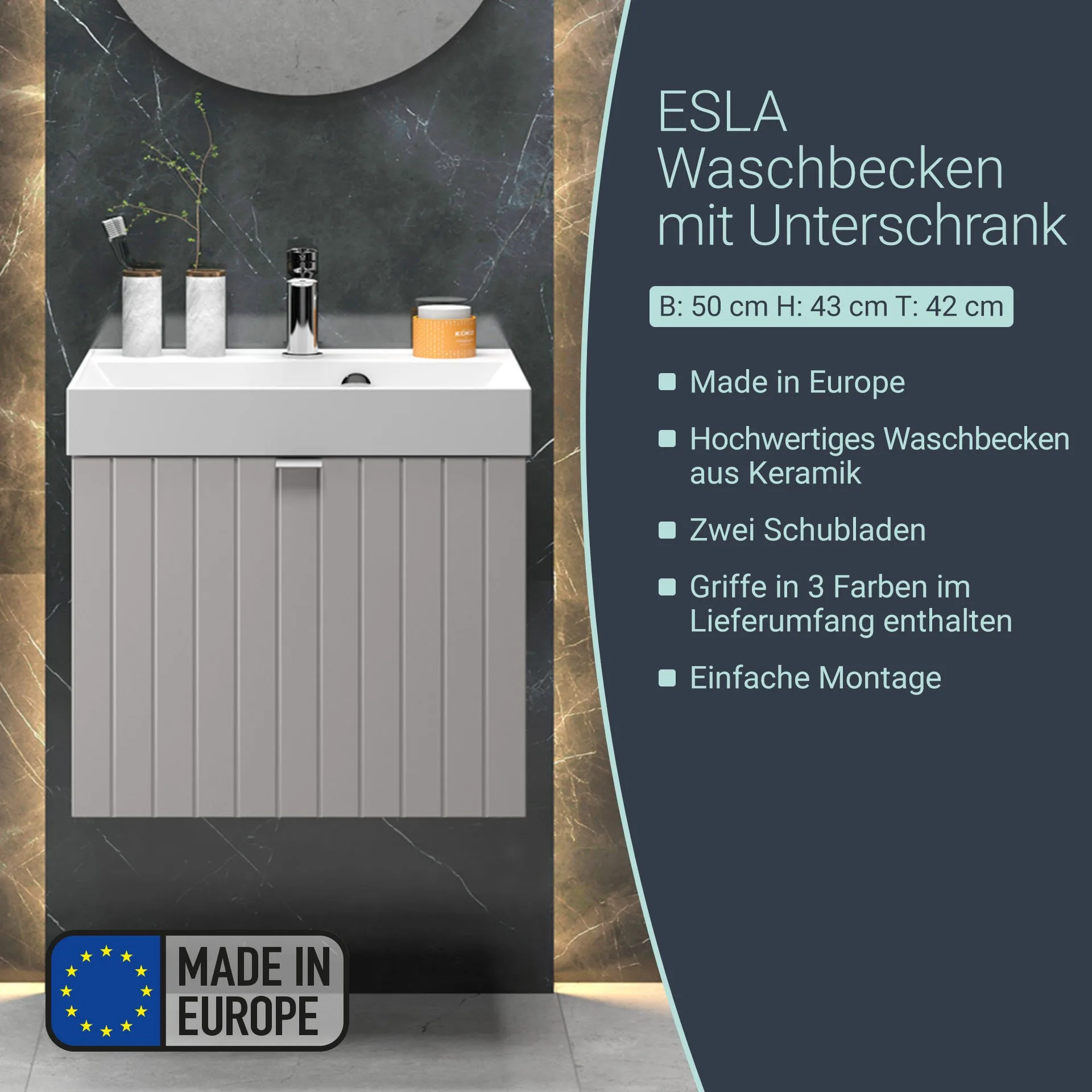 BADEDU ESLA Waschbecken mit Unterschrank 50 cm breit, Grau, Waschbecken Gussmarmor Weiß