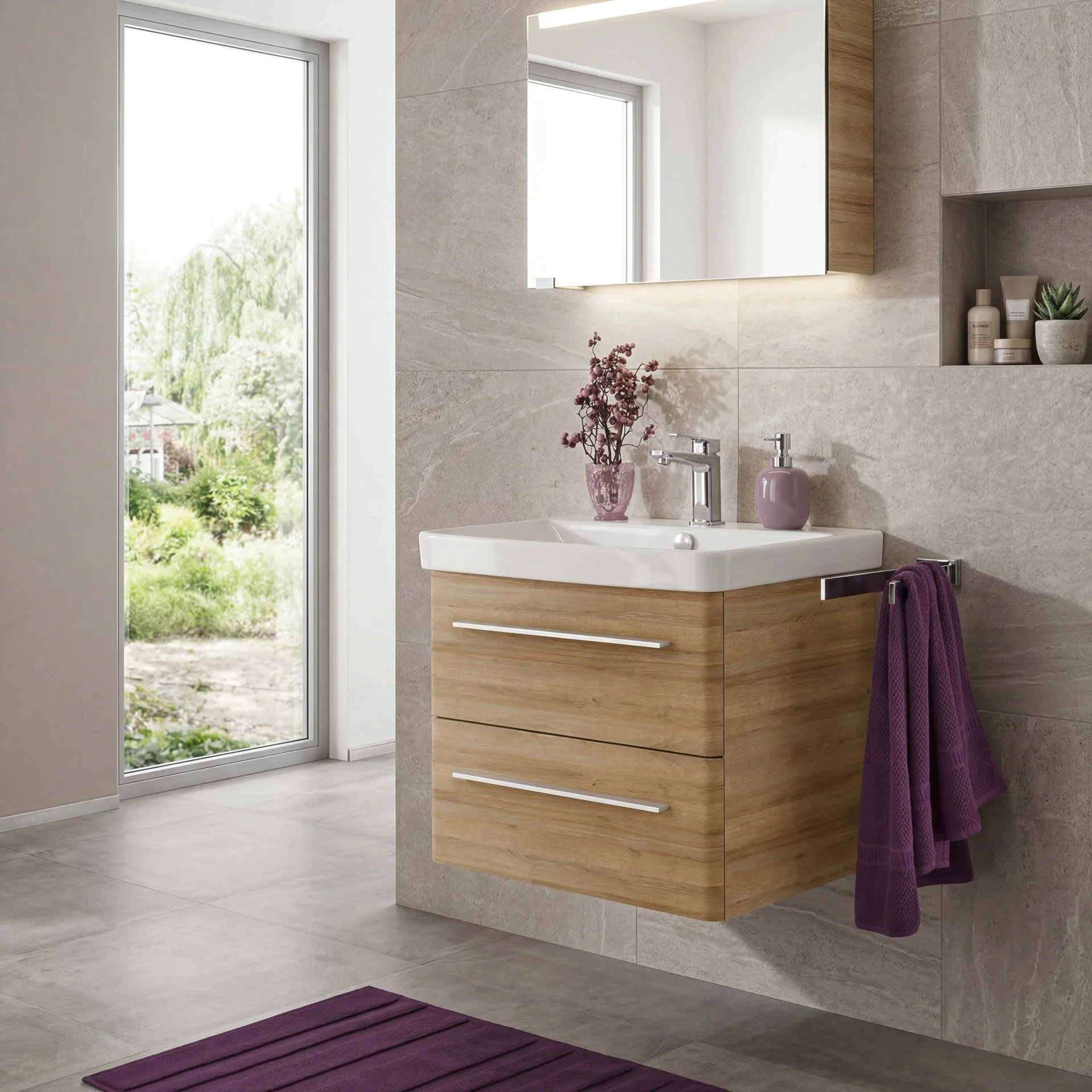 LANZET K8 Waschbecken mit Unterschrank, 60 cm breit, Braun hell, Waschbecken Keramik Weiß