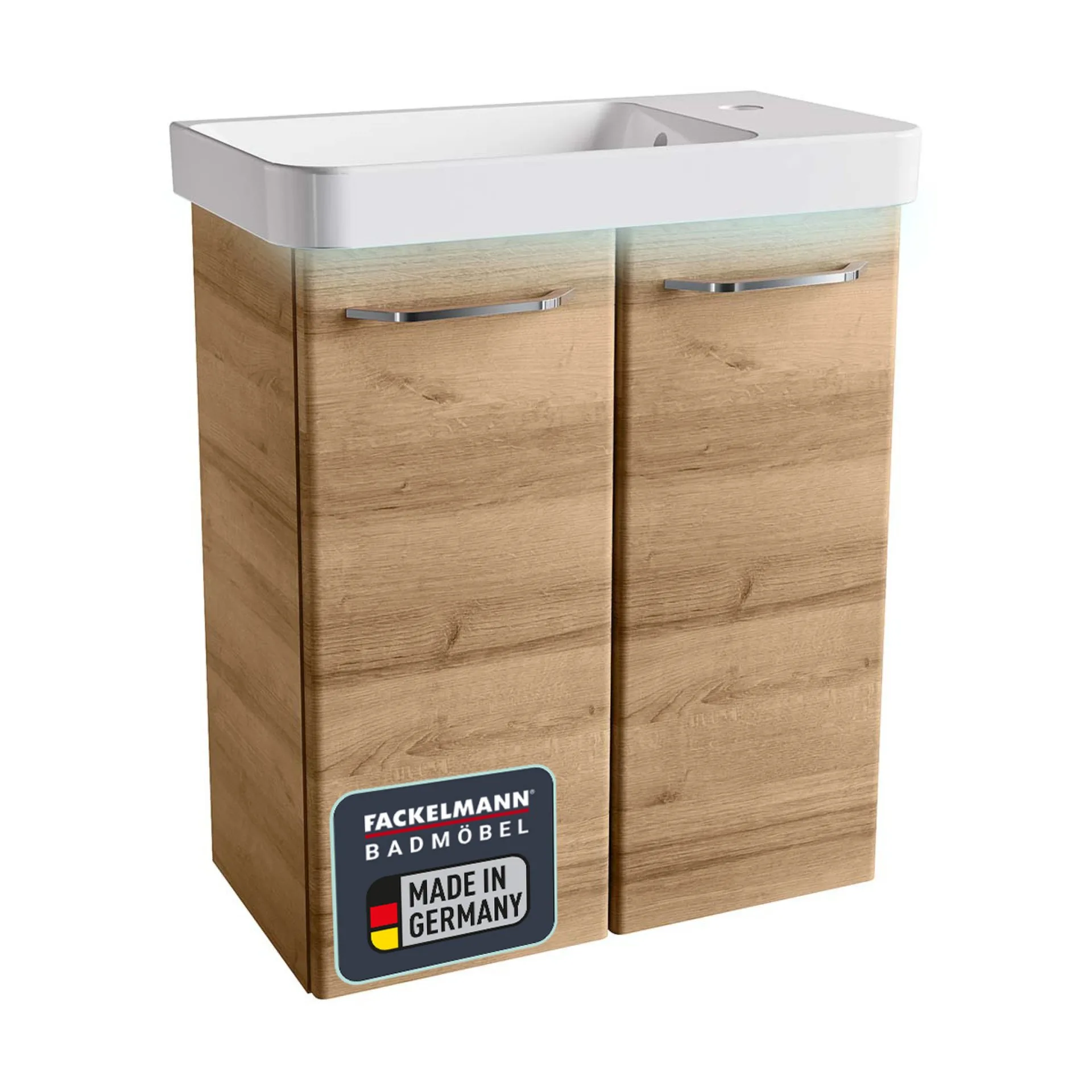 FACKELMANN MILANO Gäste WC Waschtisch Set 55 cm breit, Braun hell, Waschbecken Keramik Weiß + Waschbeckenbeleuchtungun hell, Keramik