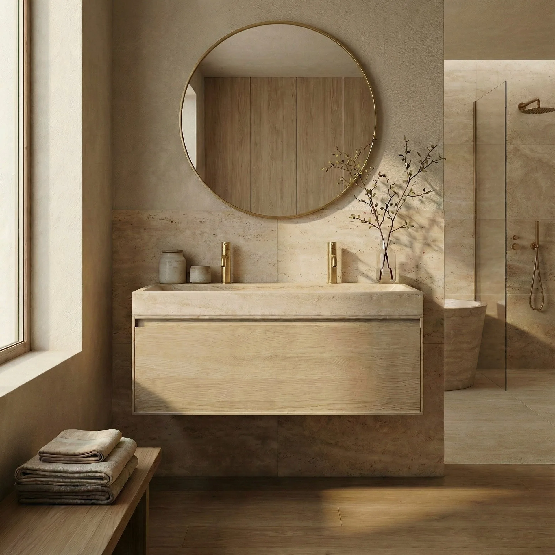 FORZALAQUA IBIZA BELLEZZA Waschbecken mit Unterschrank 120 cm breit, Braun hell, Natursteinwaschbecken Travertin matt mit zwei Hahnlöchern, 1 Schublade