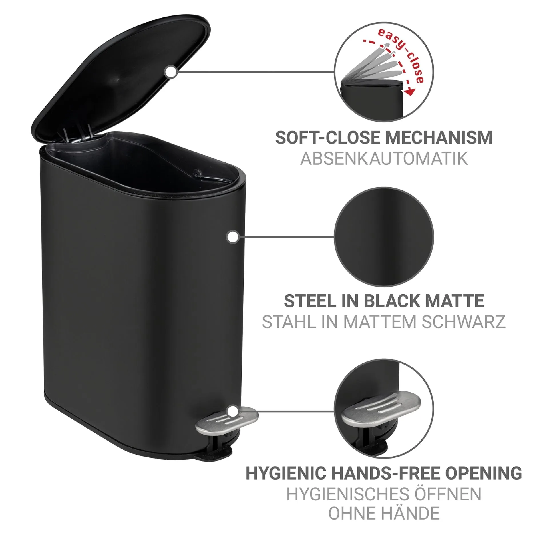 WENKO COLLUNGO Kosmetikeimer 5 Liter, Schwarz, mit Absenkautomatik
