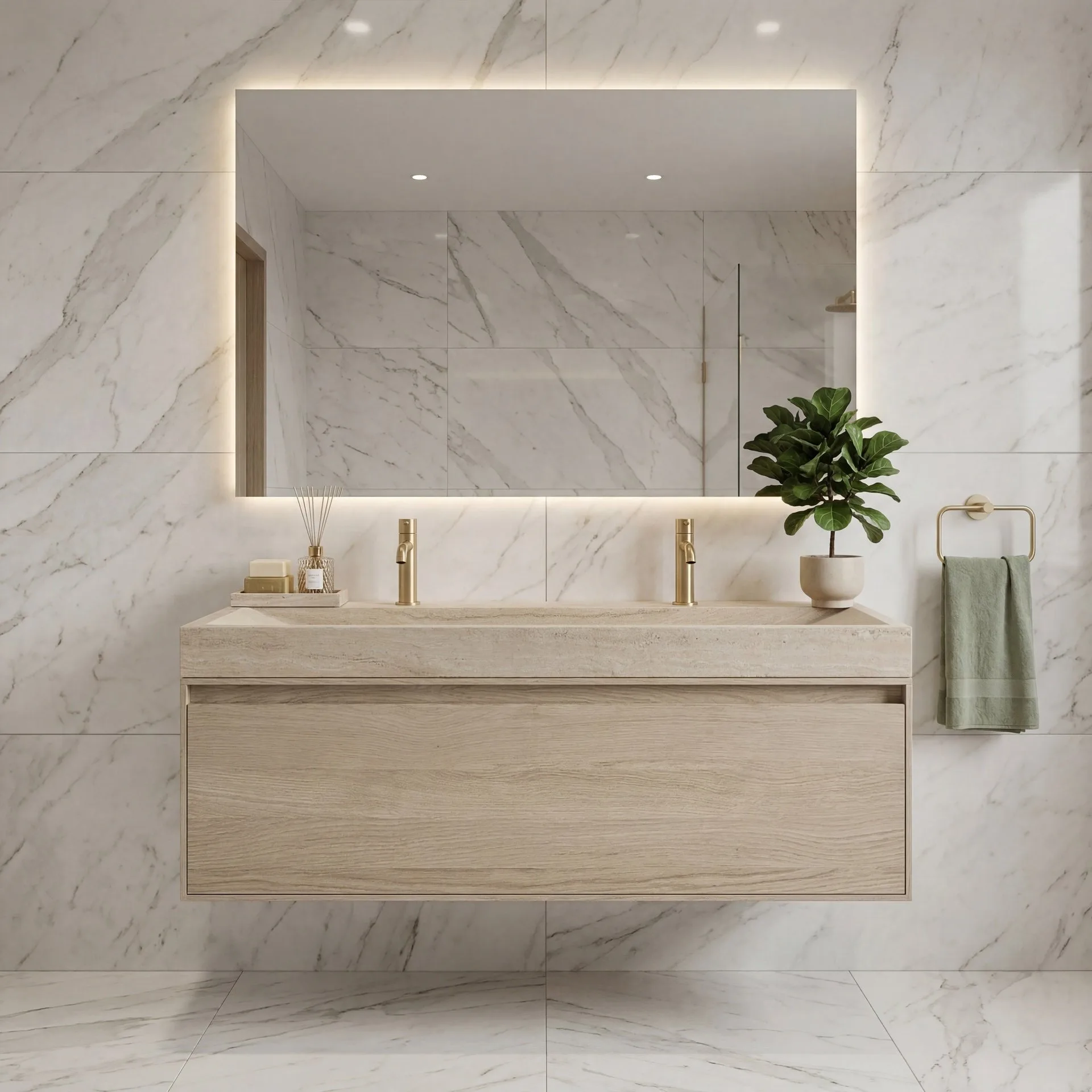 FORZALAQUA IBIZA BELLEZZA Waschbecken mit Unterschrank 120 cm breit, Braun hell, Natursteinwaschbecken Travertin matt mit zwei Hahnlöchern, 1 Schublade