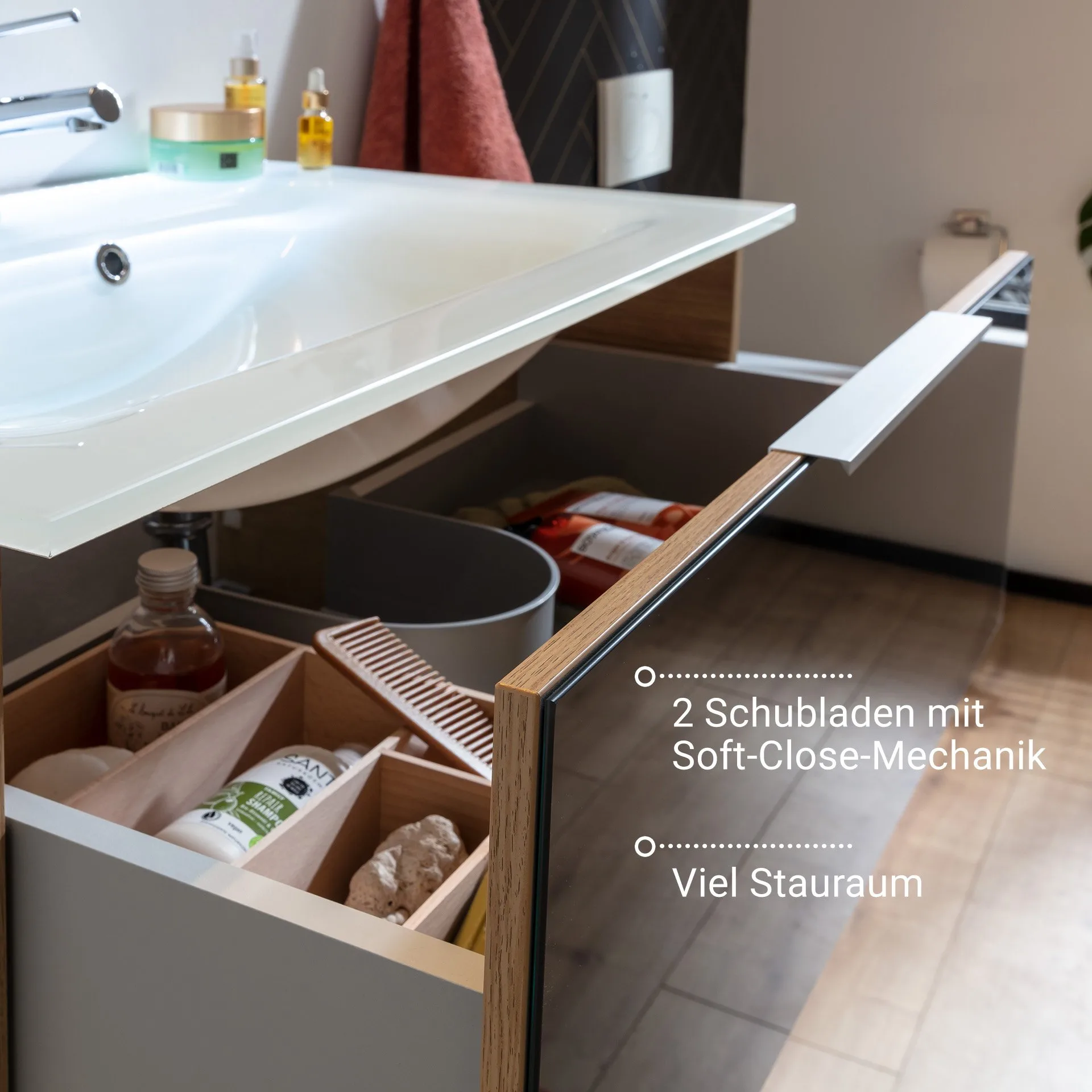 FACKELMANN B.BRILLANT Waschbecken mit Unterschrank 100 cm breit, Anthrazit Glas/Braun hell, Waschbecken Glas Weiß