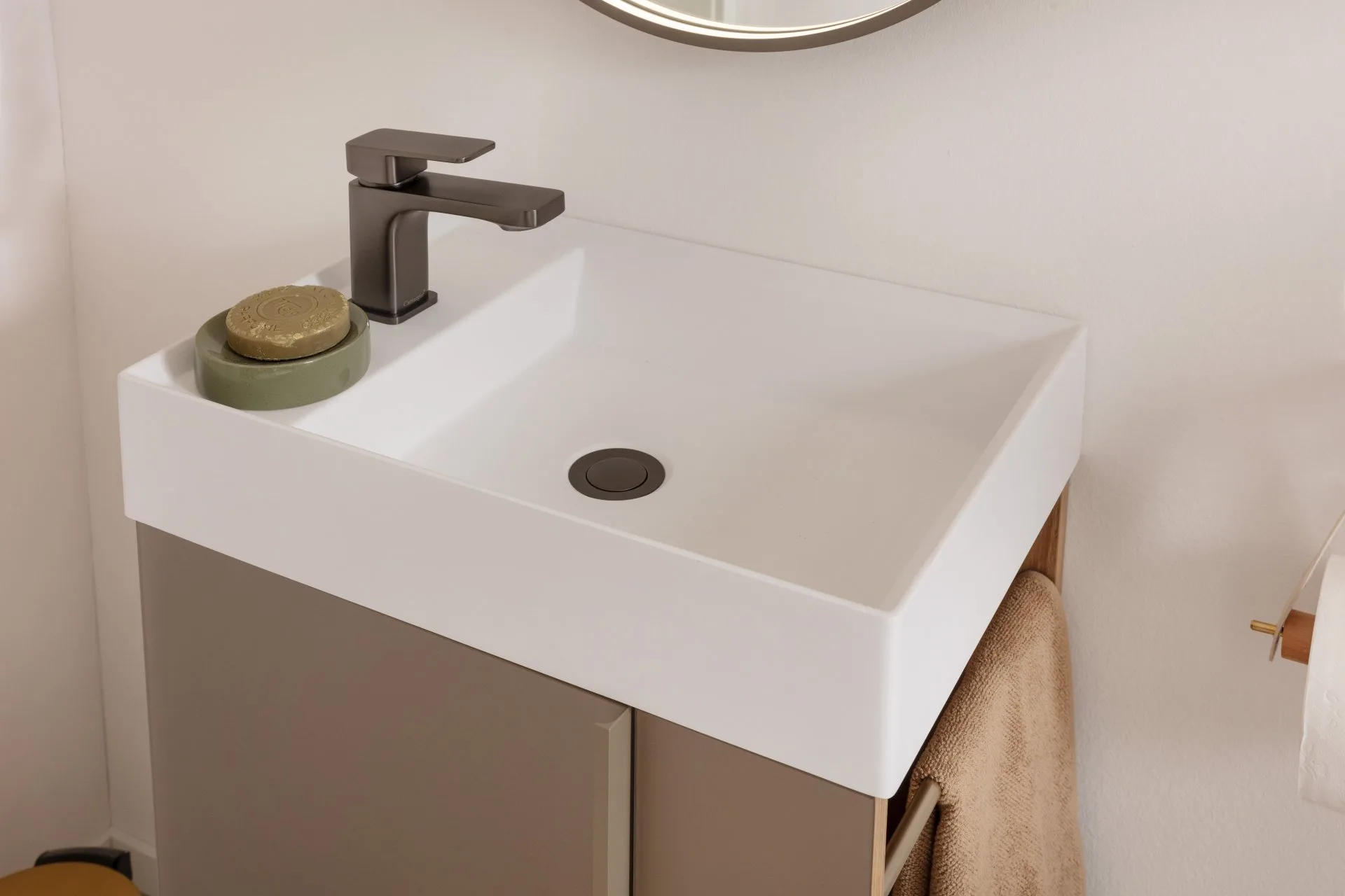 LANZET VIDRO Gäste WC Waschtisch Set 50 cm breit, Braun, Waschbecken Keramik Weiß, Anschlag links