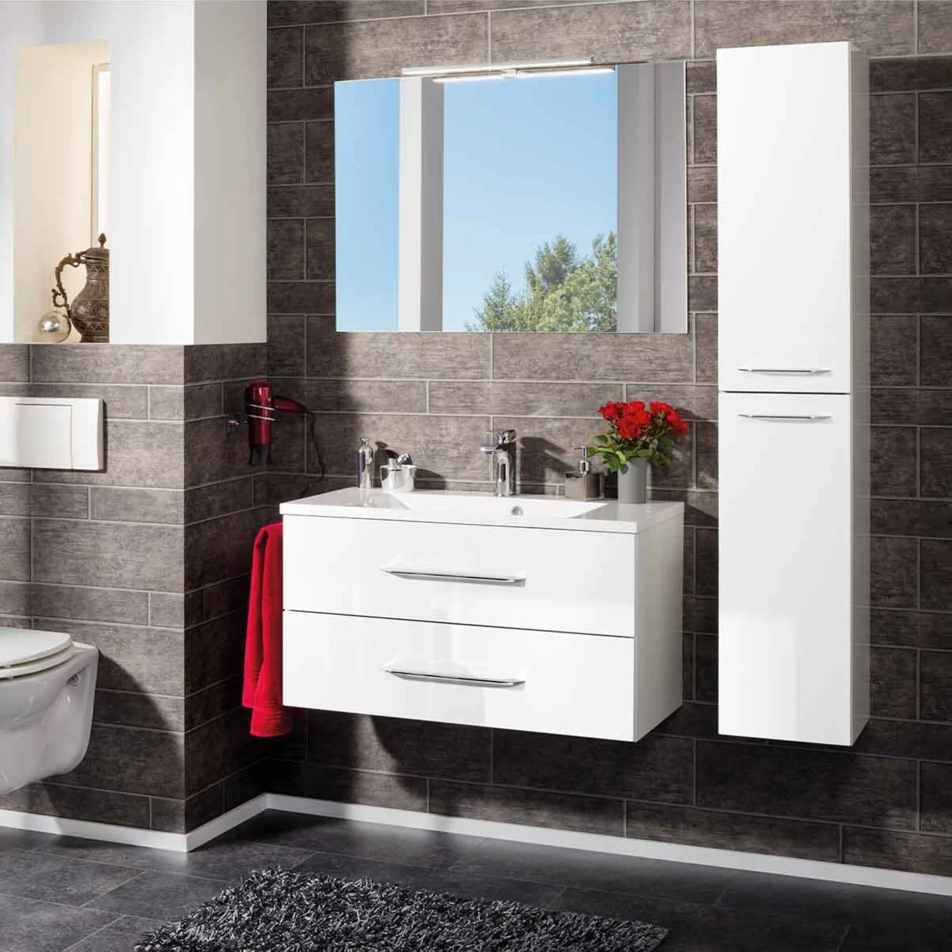 FACKELMANN B.CLEVER Waschbecken mit Unterschrank 90 cm breit, Weiß, Waschbecken Gussmarmor Weiß