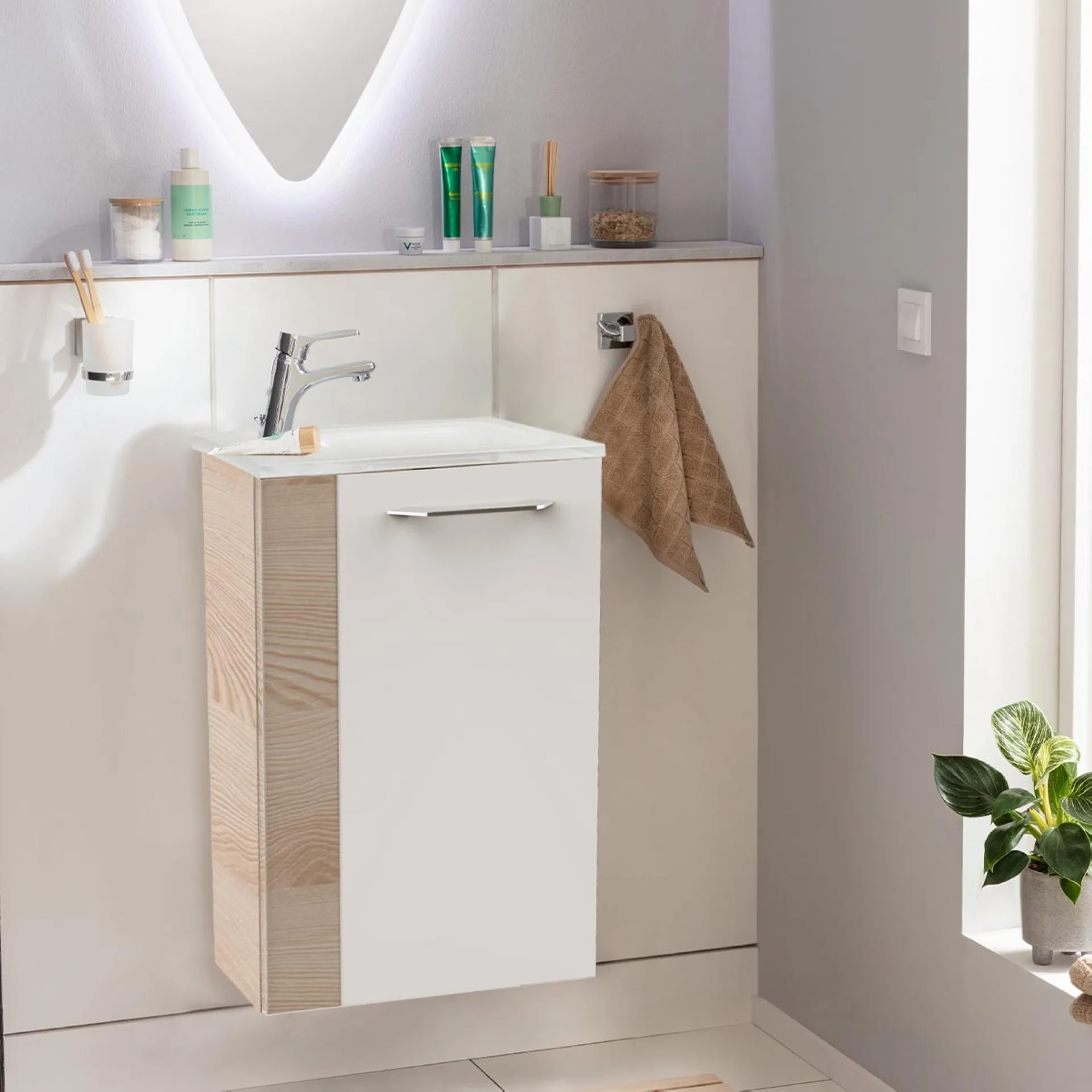 FACKELMANN SBC B.CLEVER Gäste WC Waschtisch Set 45 cm breit, Weiß/Braun hell, Waschbecken Glas Weiß, Türanschlag rechts