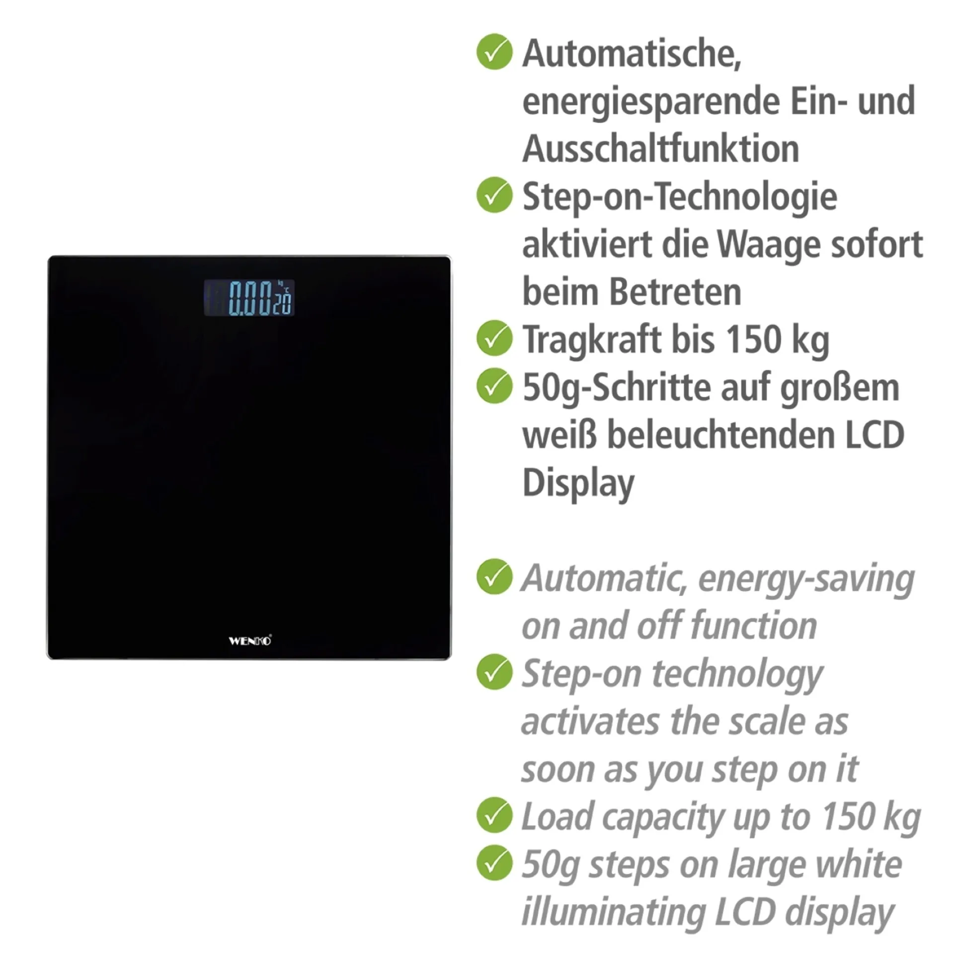 WENKO LCD Personenwaage, Schwarz, digital, bis 150 kg