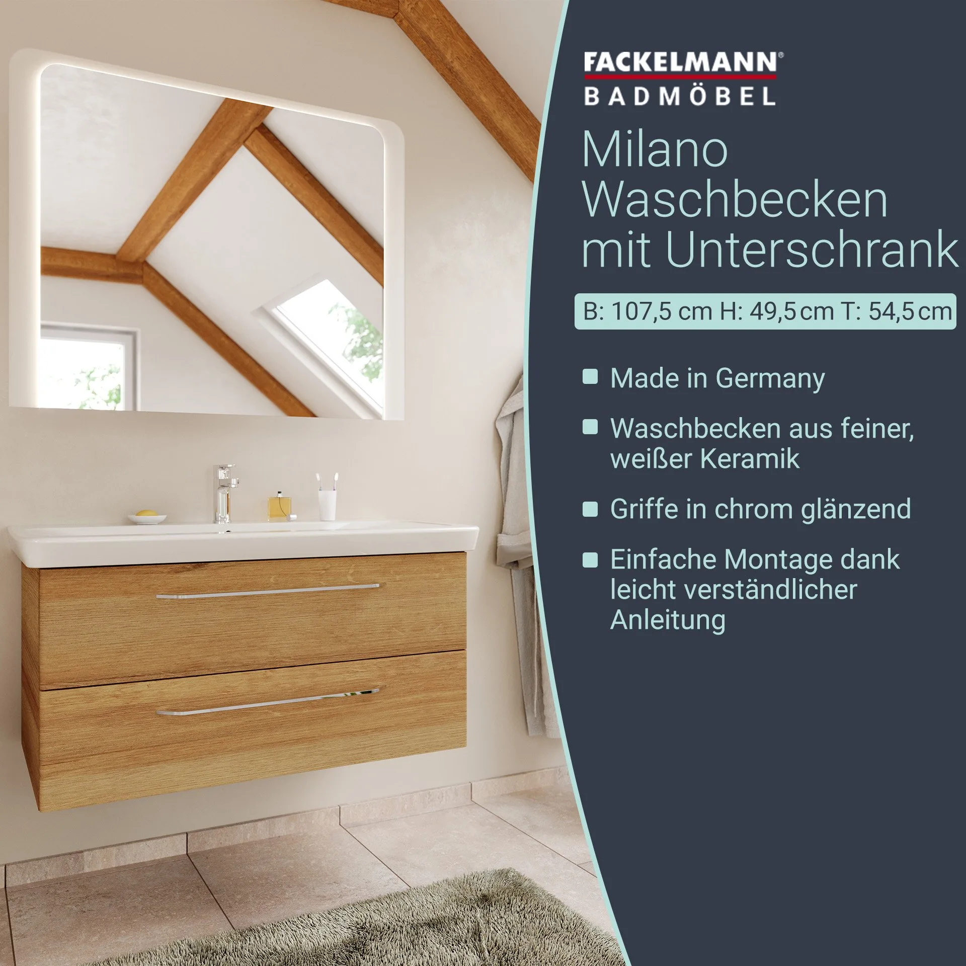 FACKELMANN MILANO Waschbecken mit Unterschrank 107 cm breit, Braun hell, Waschbecken Keramik Weiß