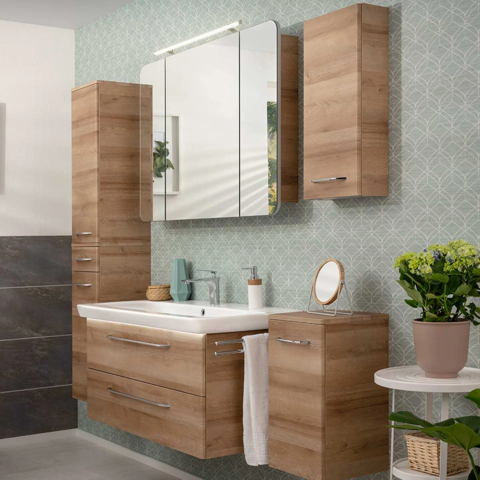 FACKELMANN MILANO Badmöbel Set 6-teilig 107 cm breit, Braun hell, Waschbecken Keramik Weiß + LED Spiegelschrank + Hochschrank + Hängeschrank + Unterschrank