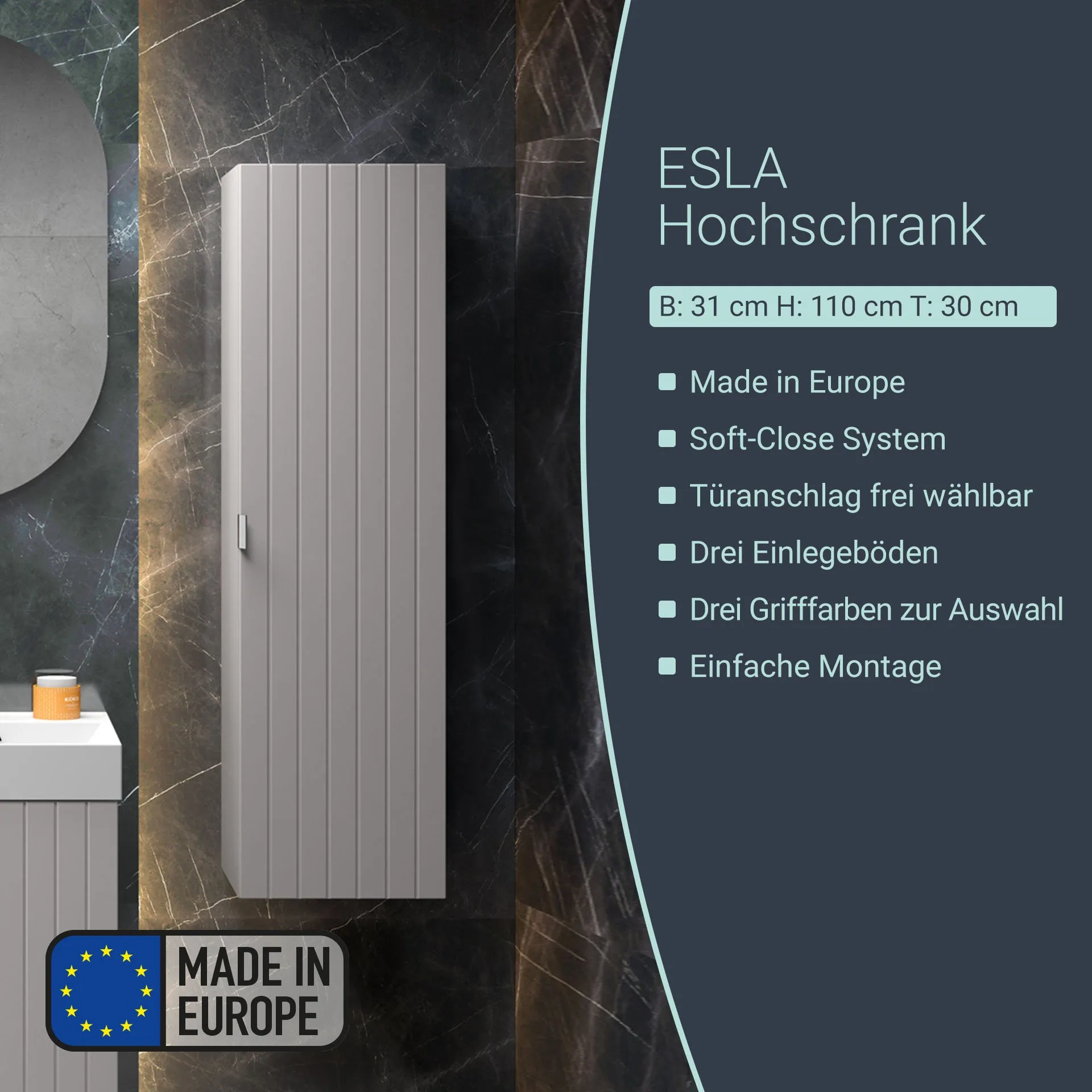 BADEDU ESLA Hochschrank 31 cm breit, Grau