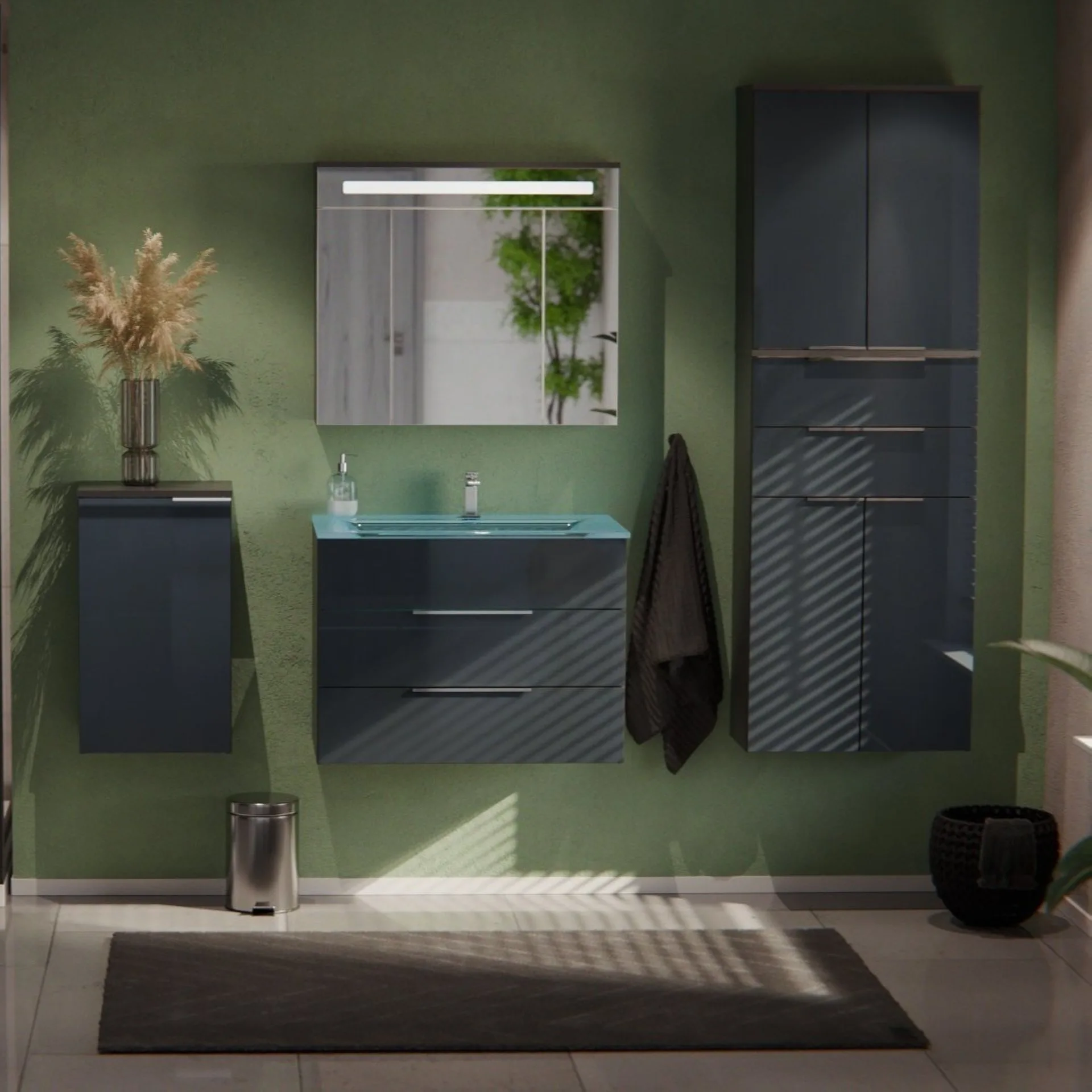 FACKELMANN KARA Waschtisch Set mit Spiegelschrank 80 cm breit, Anthrazit, Waschbecken Glas Mint, 2 Schubladen