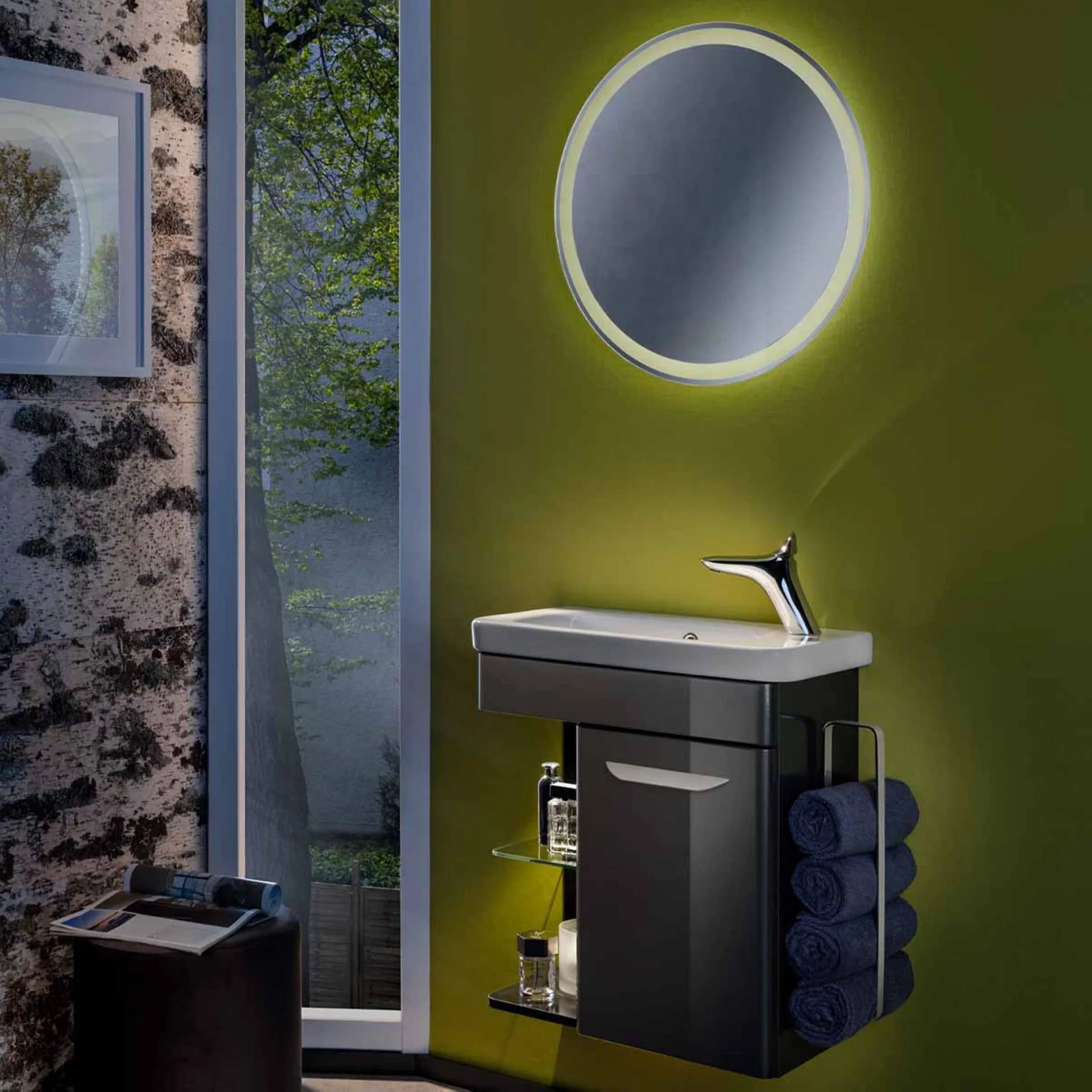LANZET K8 Gäste WC Waschtisch Set 60 cm breit, Anthrazit, Waschbecken Keramik Weiß, Türanschlag rechts