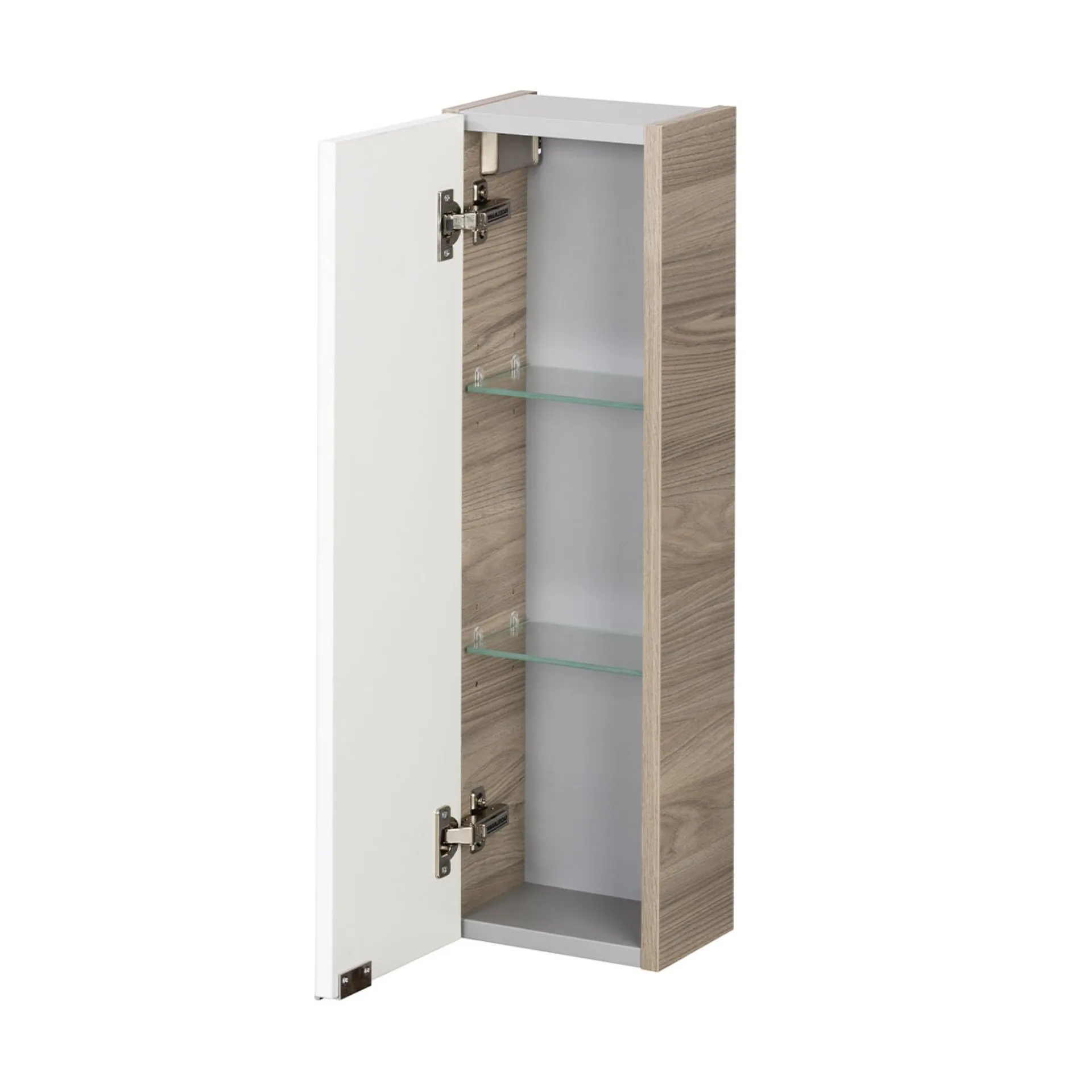 FACKELMANN LUXOR Badmöbel Set 5-teilig 100 cm breit, Weiß/Braun hell, Waschbecken Gussmarmor Weiß + LED Spiegelschrank + Unterschrank + Hängeschrank Türanschlag links