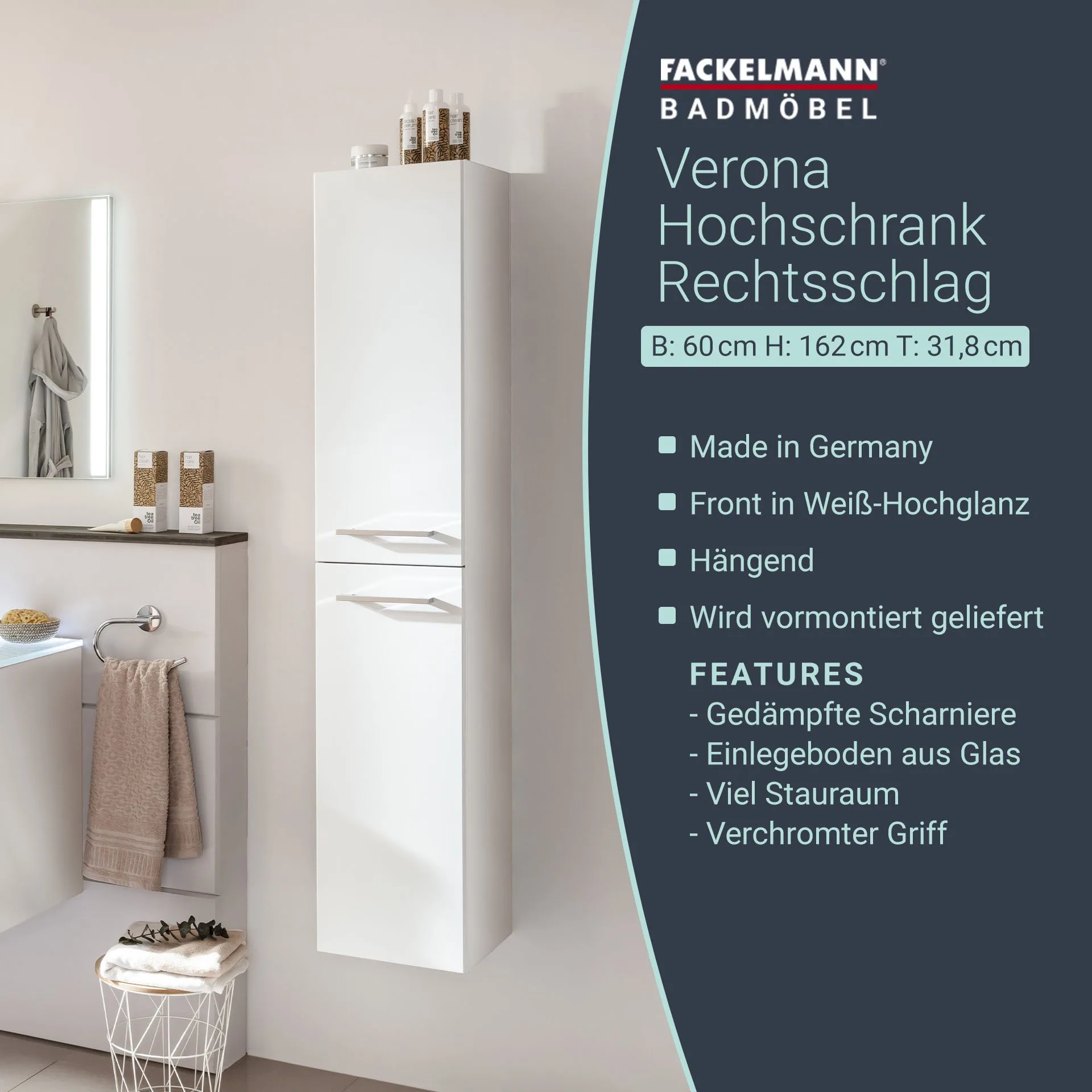FACKELMANN VERONA Hochschrank 30 cm breit, Weiß Hochglanz, Türanschlag rechts