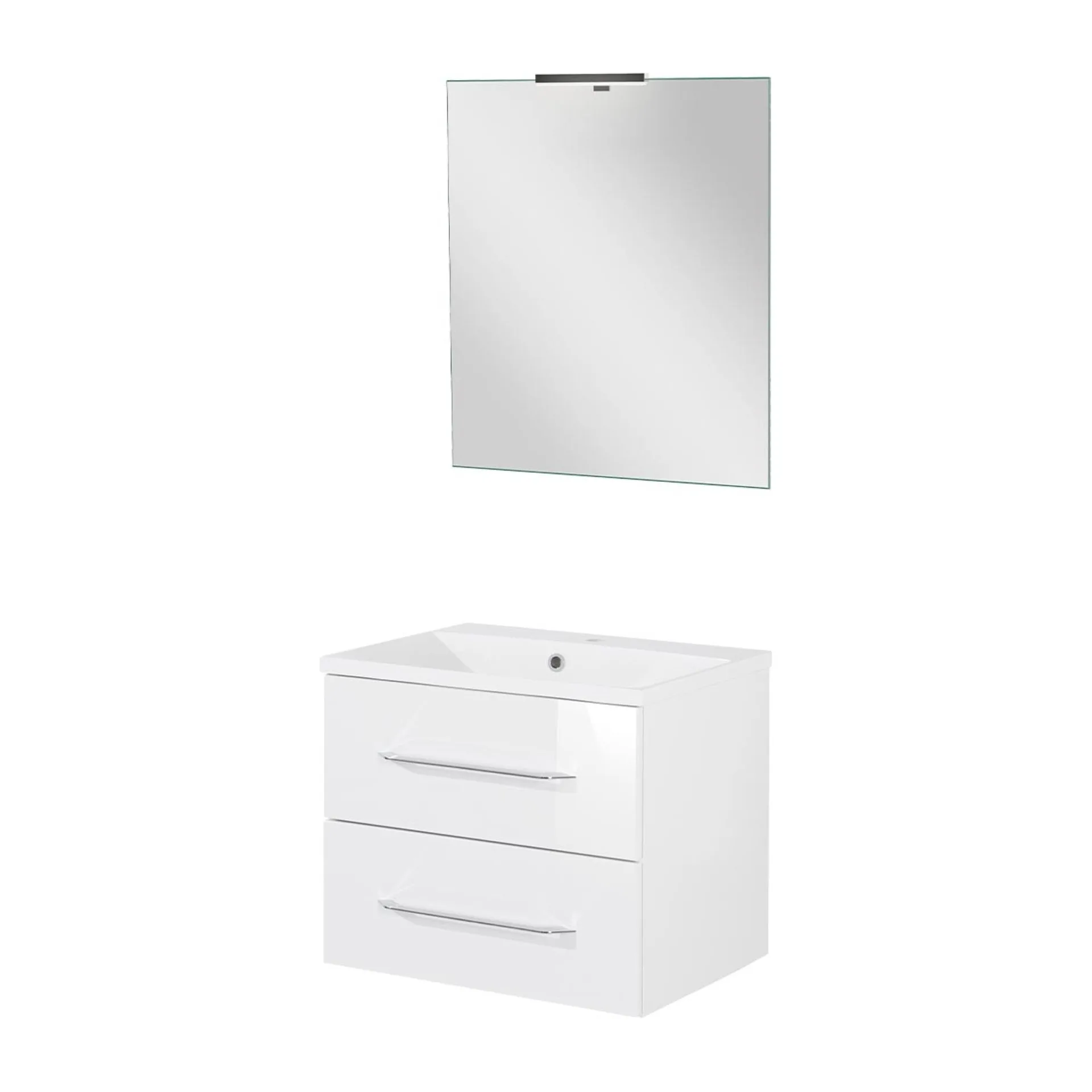 FACKELMANN B.CLEVER Waschtisch Set mit Spiegel 60 cm breit, Weiß, Waschbecken Gussmarmor Weiß + LED Aufsatzleuchte