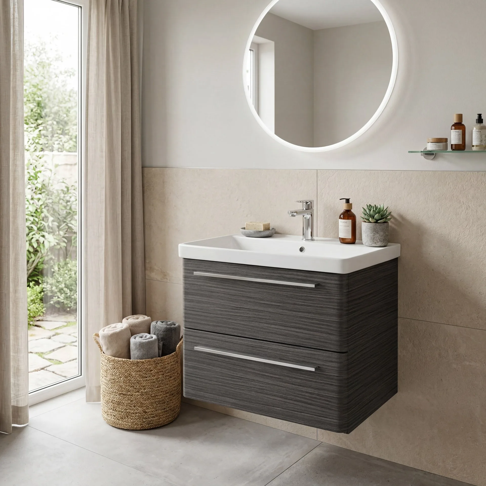 LANZET K8 Waschbecken mit Unterschrank, 60 cm breit, Anthrazit, Waschbecken Keramik Weiß