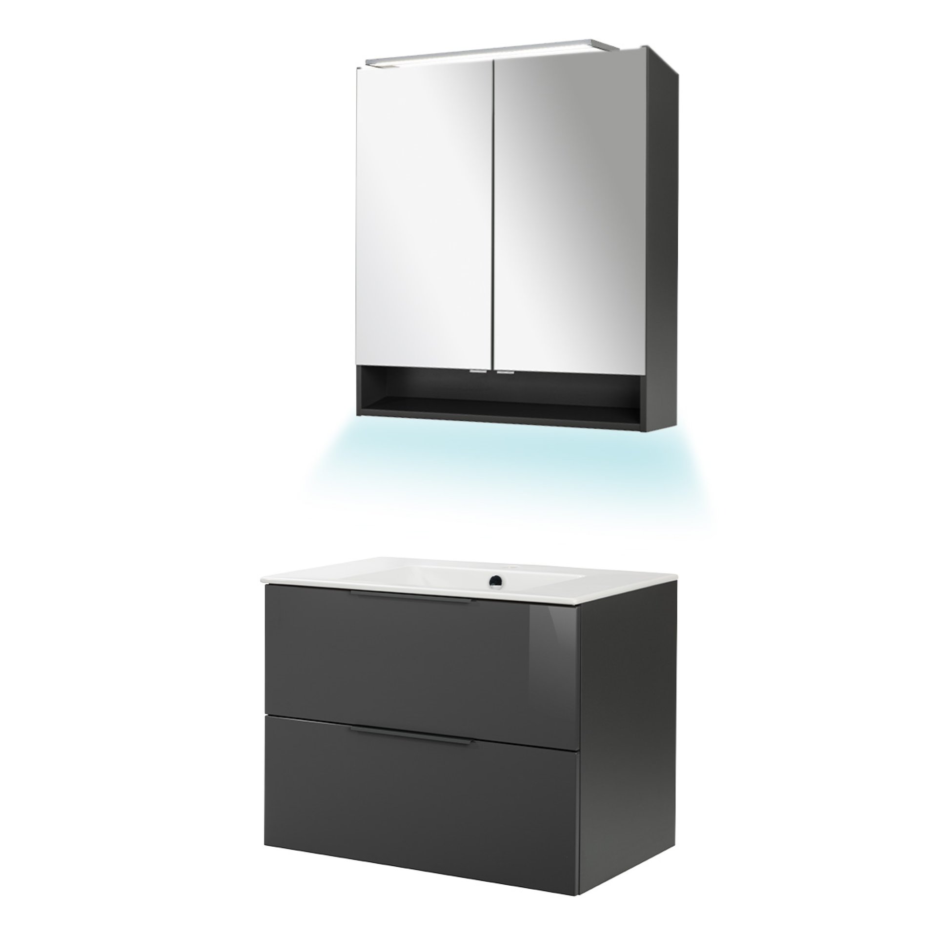 Fackelmann LUNA Badmöbel Set 4-teilig, 80 cm breit, Anthrazit, Keramik, LED Spiegelschrank