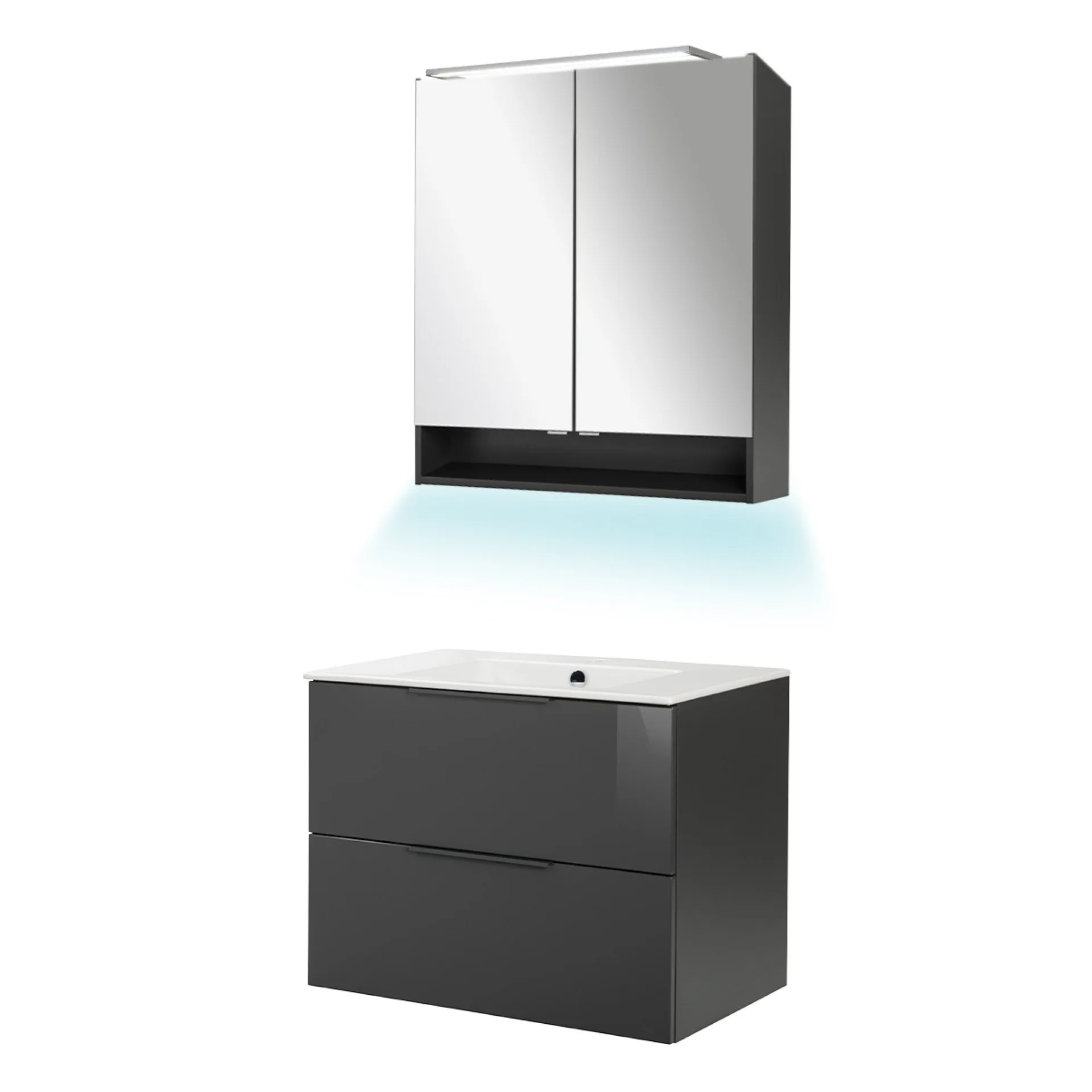 FACKELMANN LUNA Waschtisch Set mit Spiegelschrank 80 cm breit, Anthrazit, Waschbecken Glas Weiß + Ambientebeleuchtung