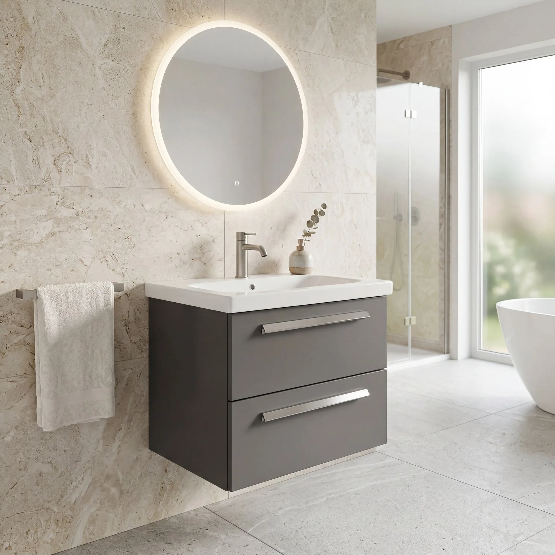 LANZET K1 Waschbecken mit Unterschrank 61 cm breit, Anthrazit, Waschbecken Keramik Weiß