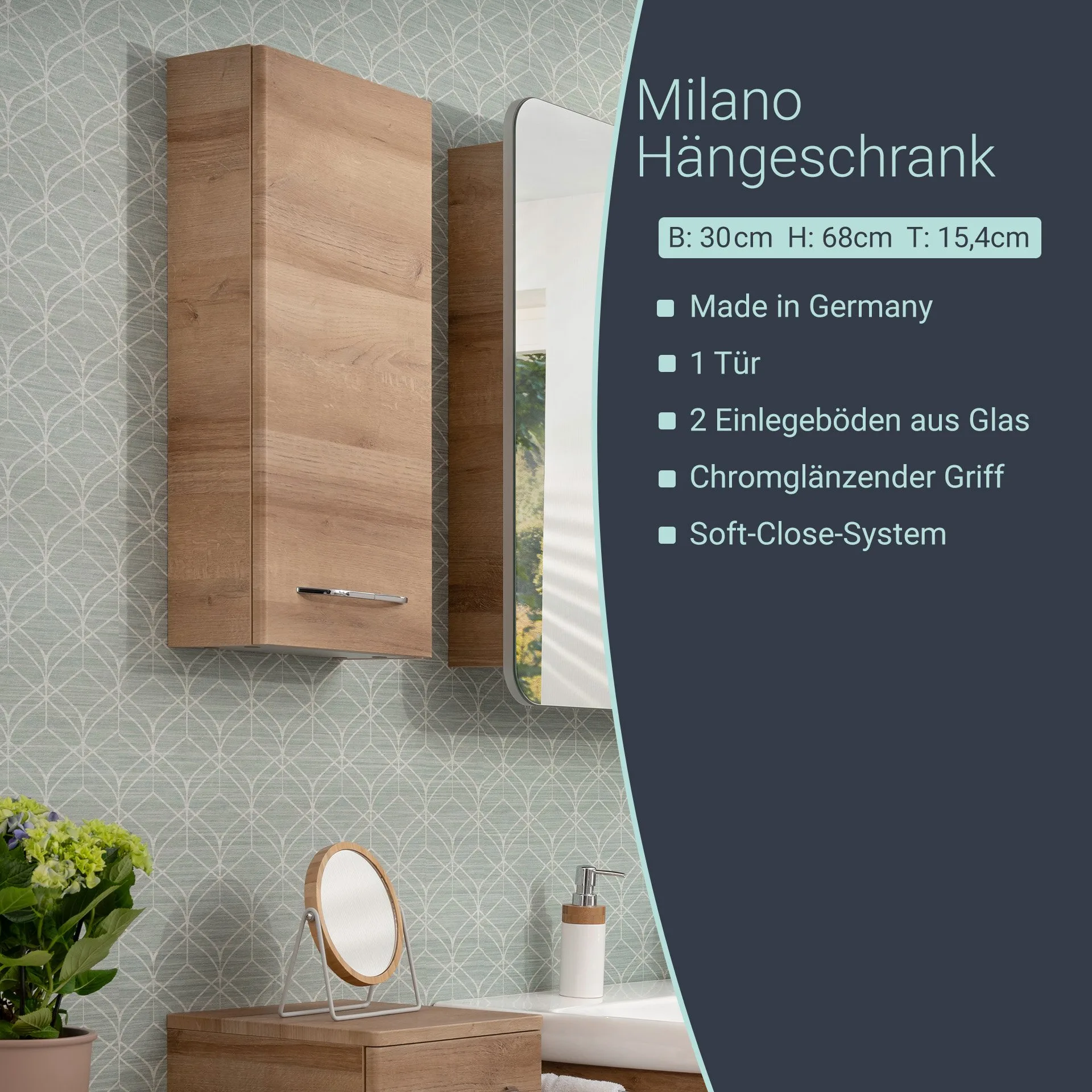 FACKELMANN MILANO Hängeschrank 30 cm breit, Braun hell