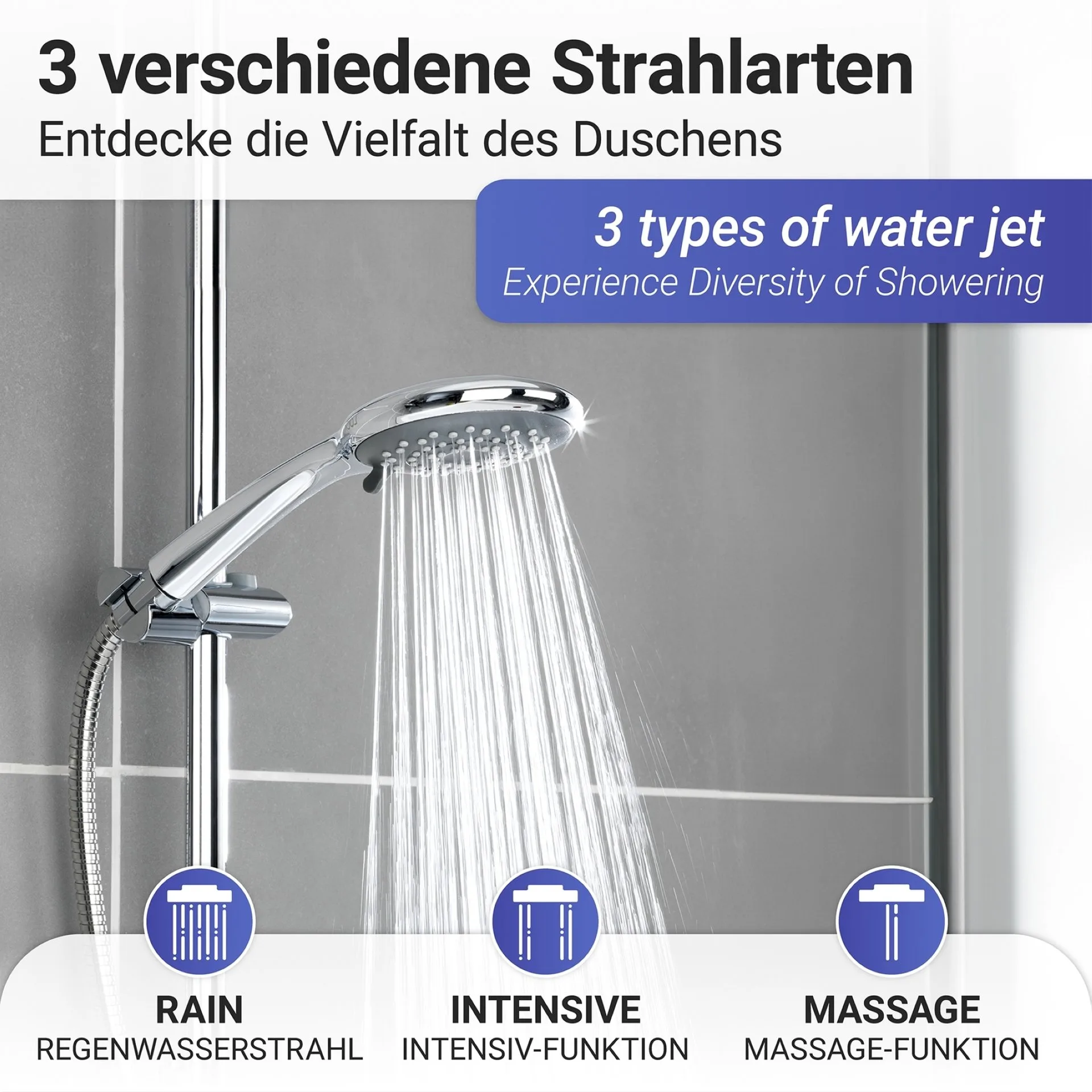 WENKO Duschkopf Ø 11 cm, Chrom/Grau, mit Wassersparsystem, 3 verschiedene Wasserstrahlarten