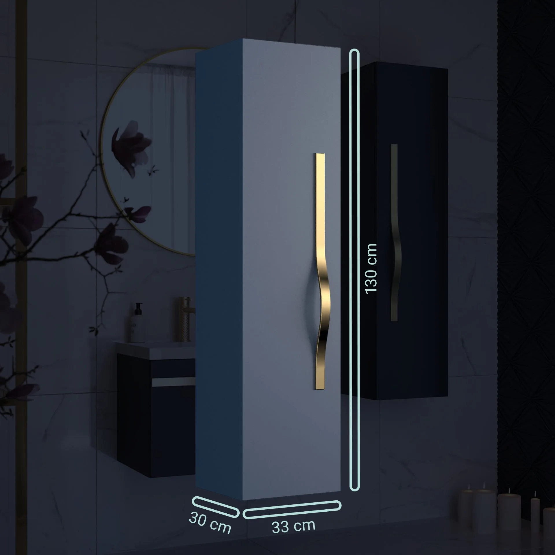 BADEDU FILS Hochschrank 33 cm breit, Blau, Griff Gold