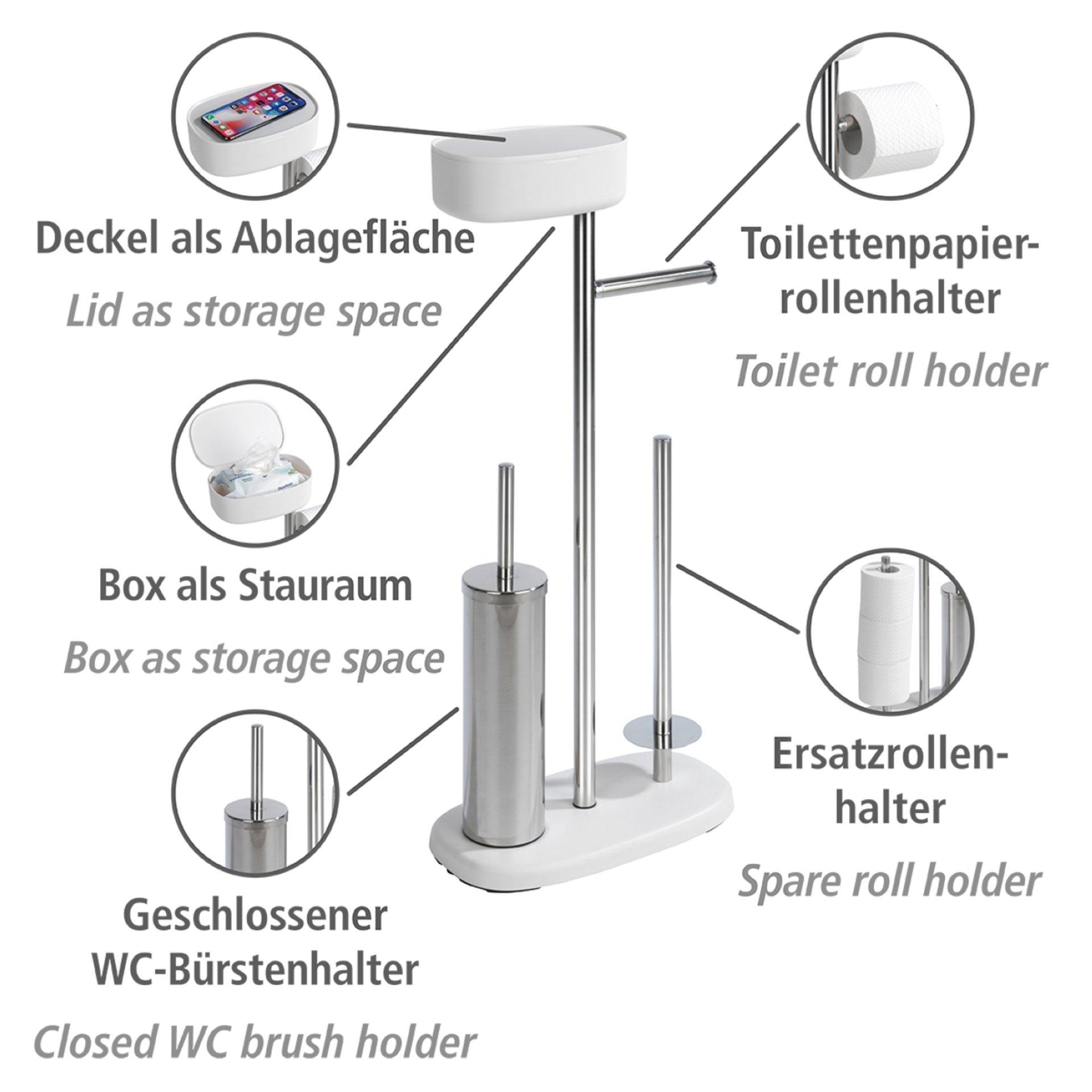 WENKO RIVAZZA WC-Garnitur, Weiß/Silber, mit Toilettenpapierhalter, Bevorrater und Ablage, stehend