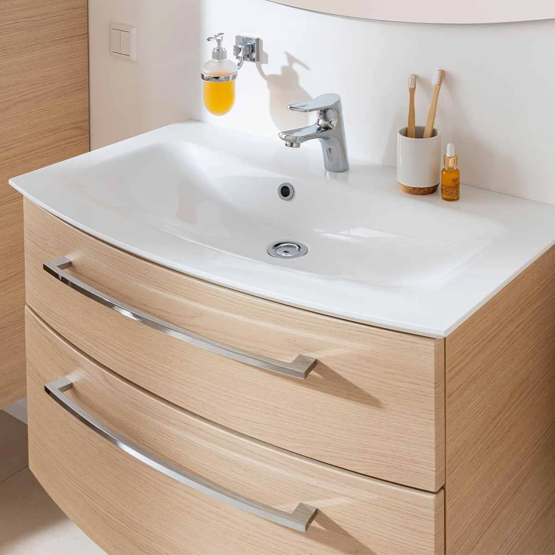 FACKELMANN B.STYLE Waschbecken mit Unterschrank 83 cm breit, Braun, Waschbecken Gussmarmor Weiß