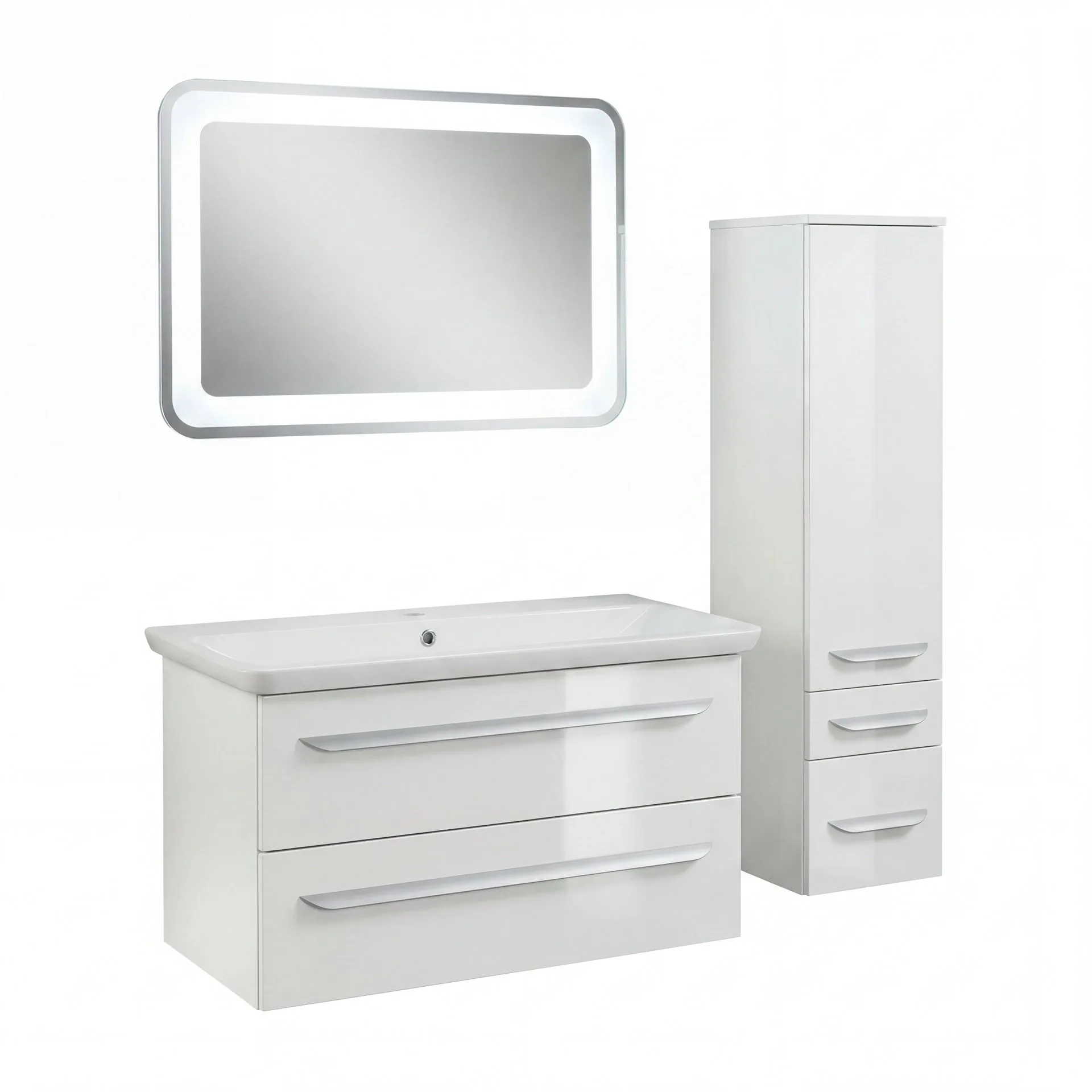 LANZET M9 Badmöbel Set 5-teilig 100 cm breit, Weiß, Waschbecken Gussmarmor Weiß + LED Spiegel + Midischrank Türanschlag rechts + Waschbeckenbeleuchtung