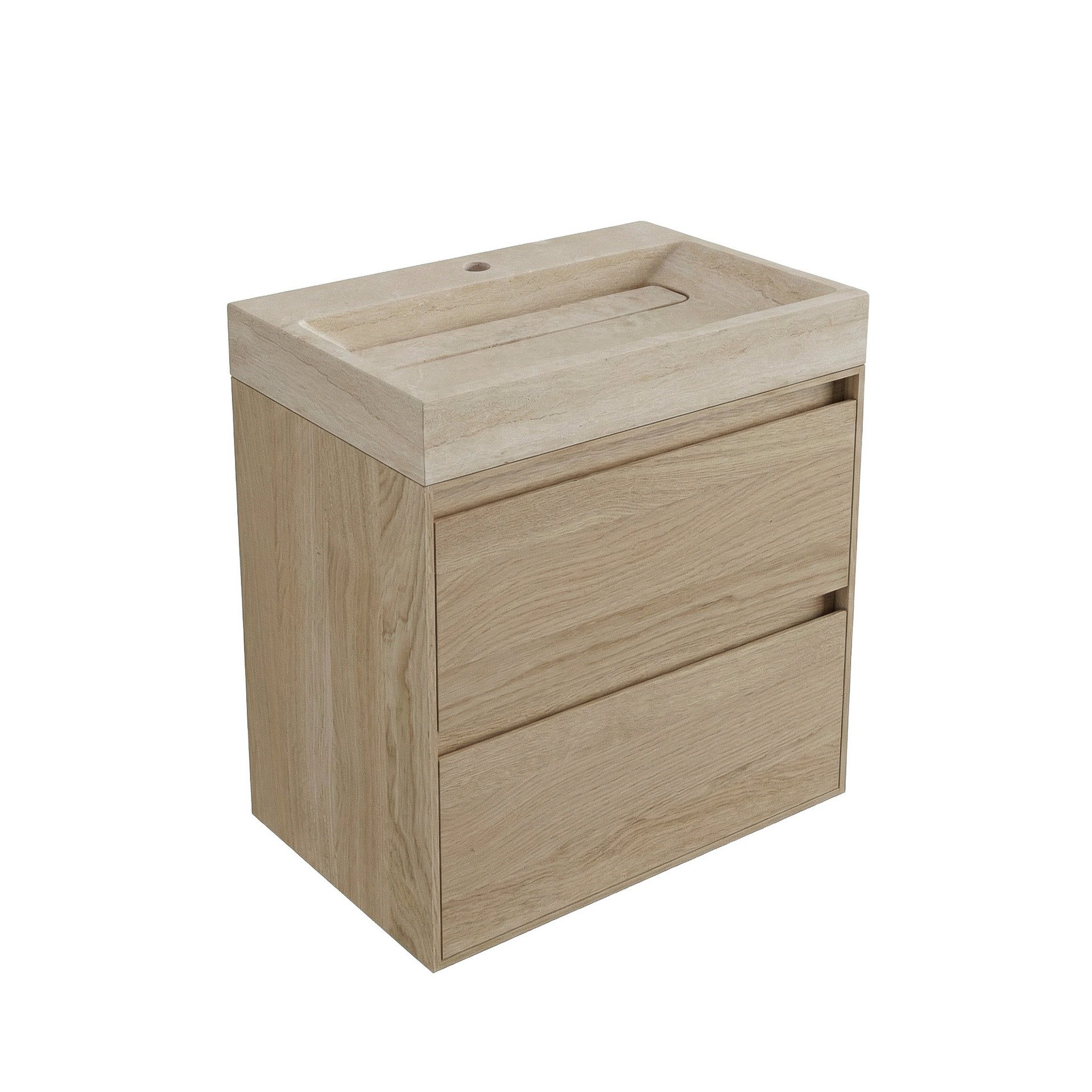 FORZALAQUA IBIZA BELLEZZA Waschbecken mit Unterschrank 80 cm breit, Braun hell, Natursteinwaschbecken Travertin matt mit Hahnloch, 2 Schubladen