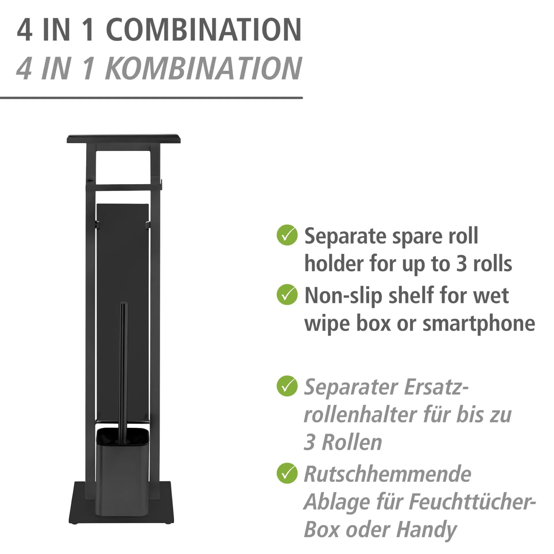 WENKO DEBAR WC-Garnitur, Schwarz, mit Toilettenpapierhalter, Bevorrater und Ablage, stehend