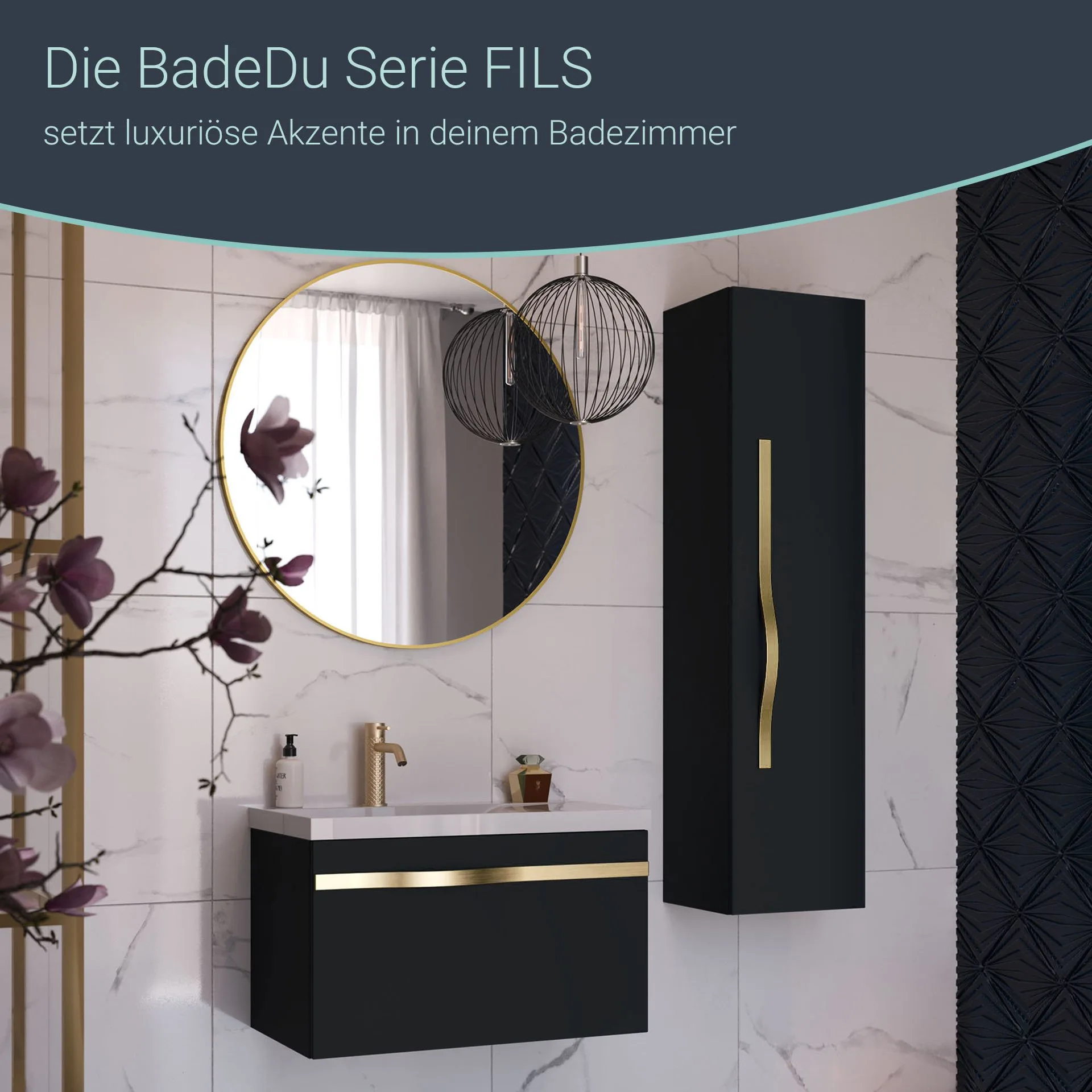 BADEDU FILS Waschbecken mit Unterschrank 69 cm breit, Schwarz, Waschbecken Gussmarmor Weiß, Griff Gold