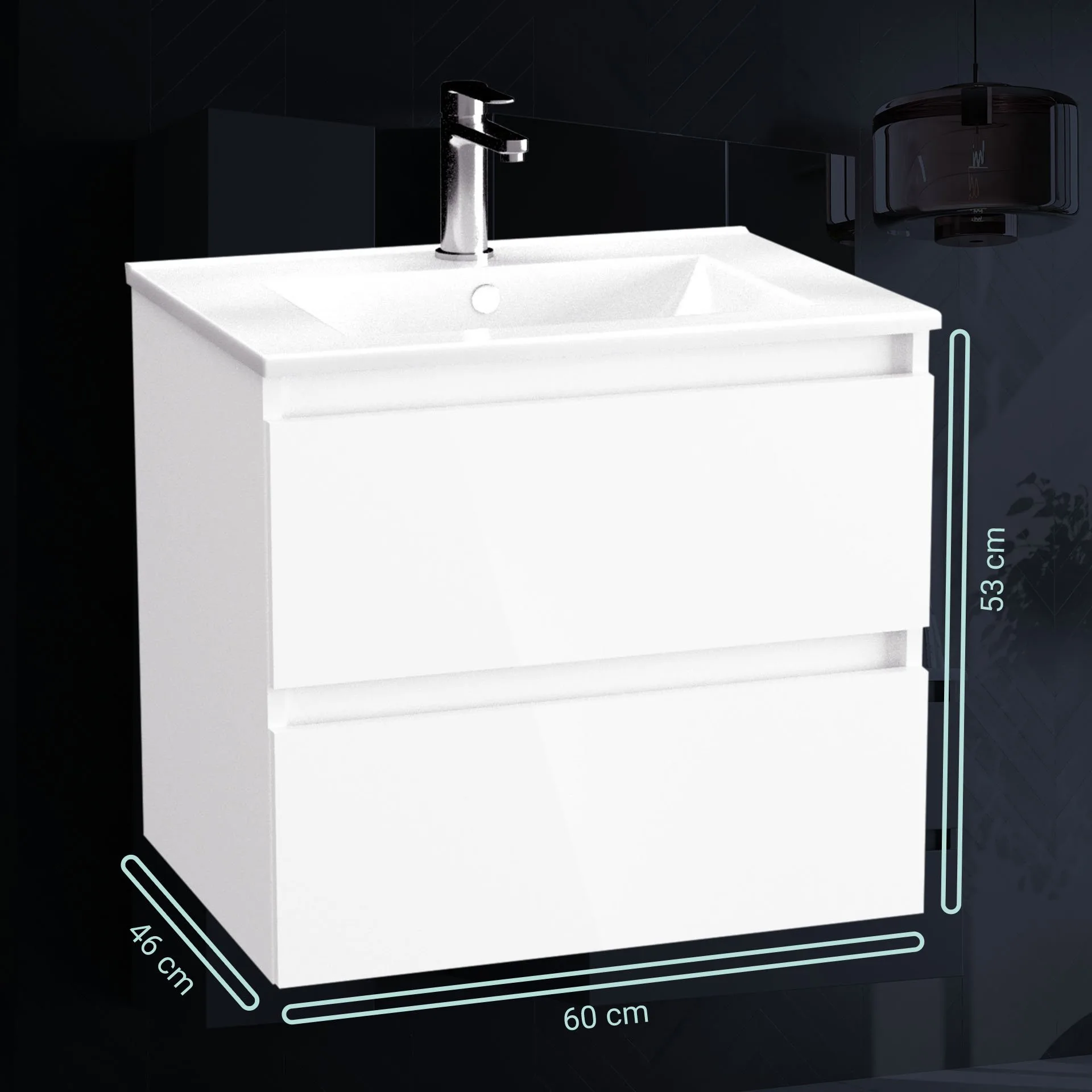 BADEDU GERS Waschbecken mit Unterschrank 60 cm breit, Weiß, Waschbecken Keramik Weiß