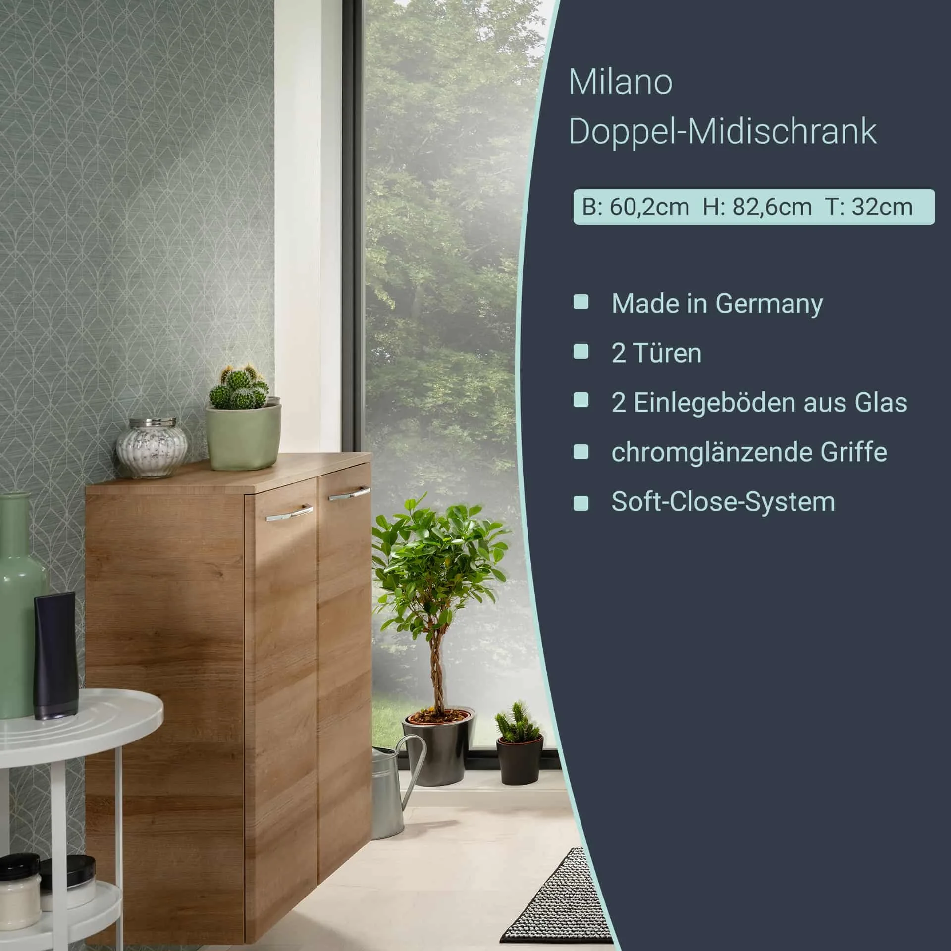 FACKELMANN MILANO Hochschrank mit Schublade 30 cm breit + Doppel Midischrank 60 cm breit, Braun hell