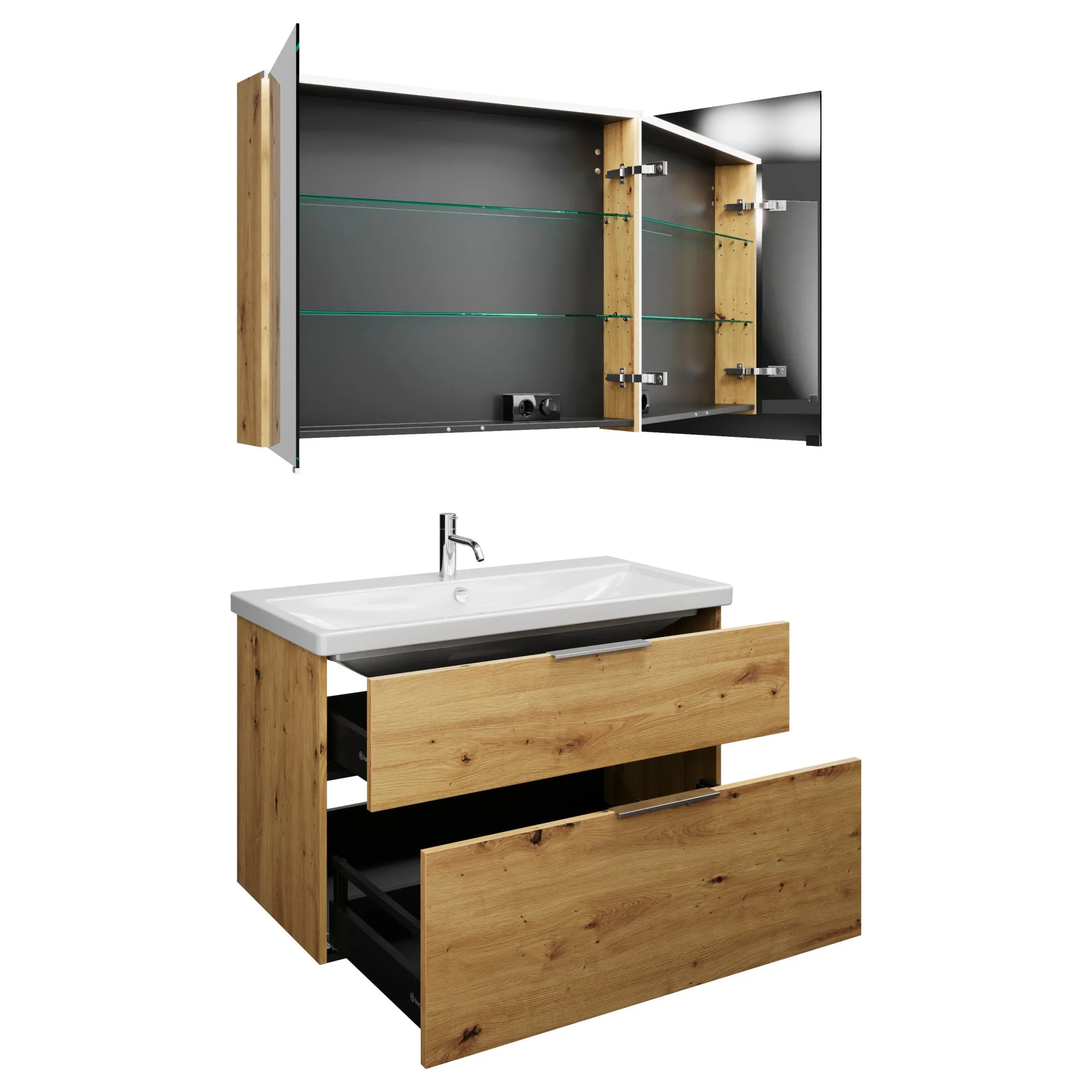 Burgbad EQIO Waschtisch Set mit Spiegelschrank 103 cm breit, Braun, Waschbecken Keramik Weiß