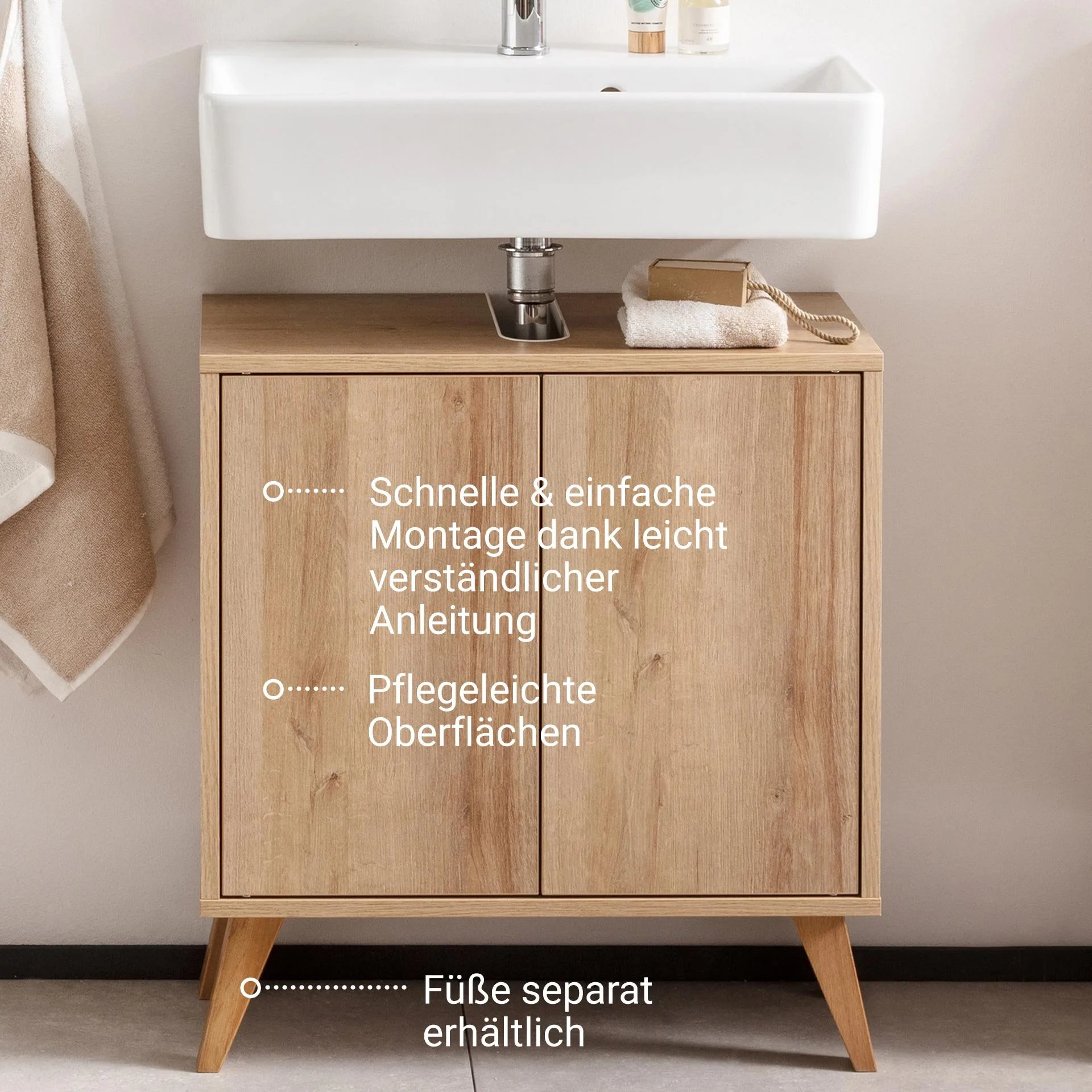 FACKELMANN FINN Doppel Midischrank + Waschbeckenunterschrank 60 cm breit, Braun hell, inklusive Holzfüße