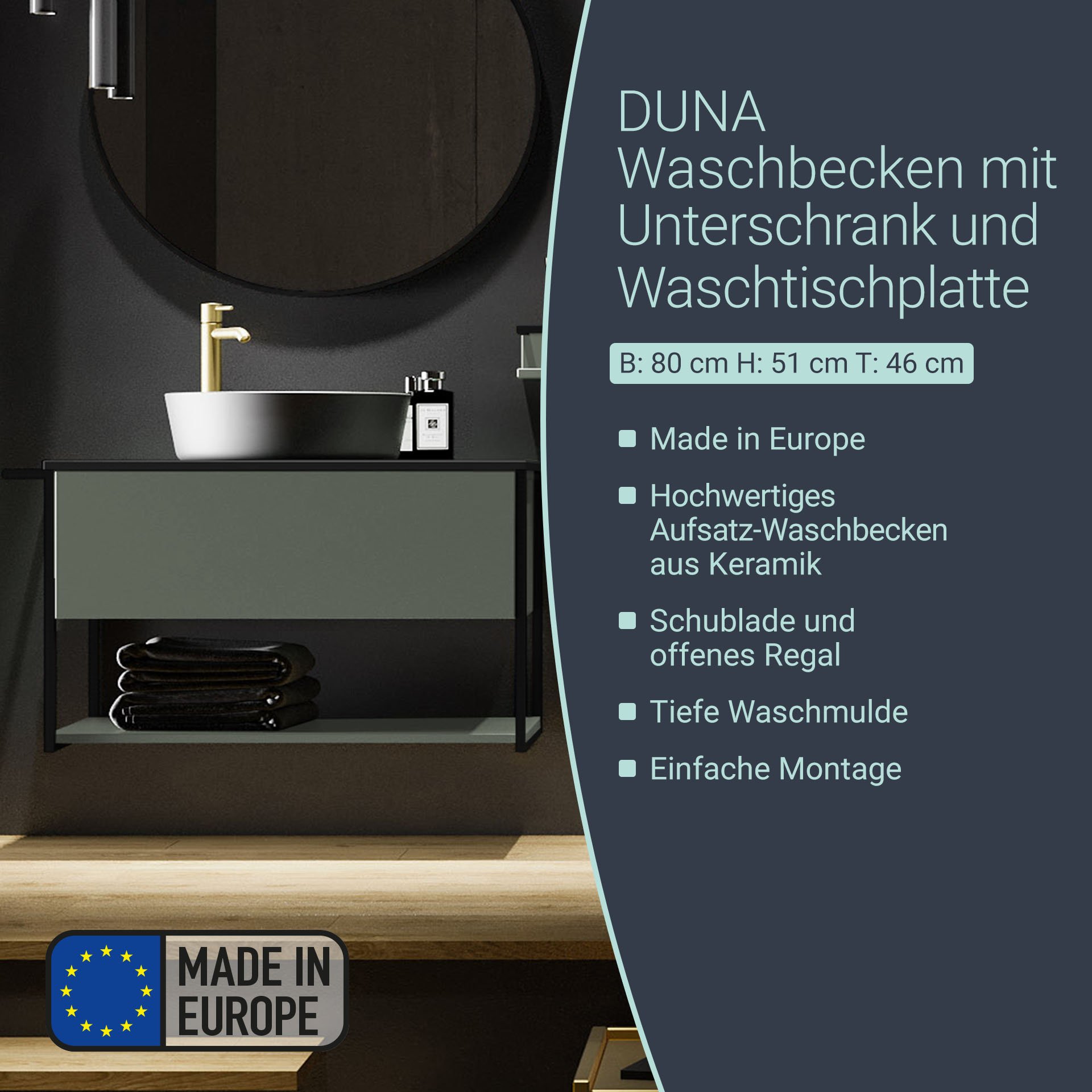 BADEDU DUNA Waschbecken mit Unterschrank 60 cm breit, Grün, Aufsatzwaschbecken Keramik Weiß, Waschtischplatte Anthrazit