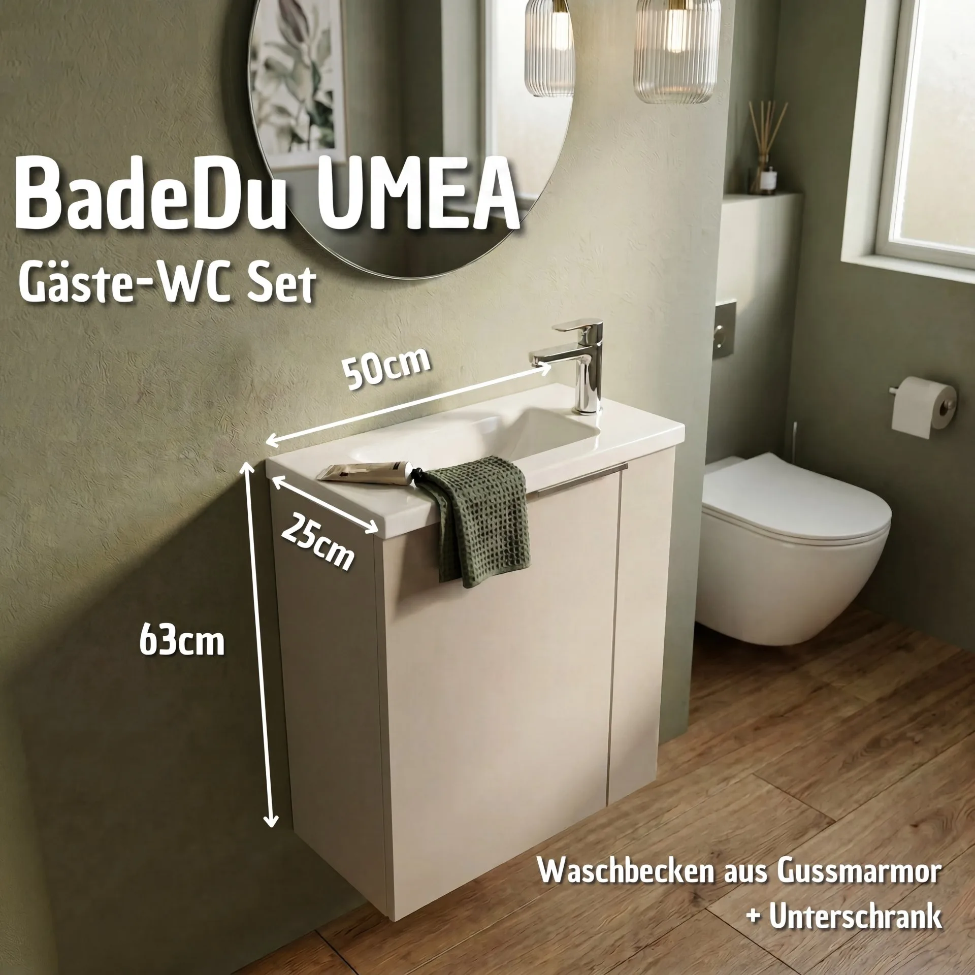 BADEDU UMEA Gäste WC Waschtisch Set 50 cm breit, Grau, Waschbecken Gussmarmor Weiß