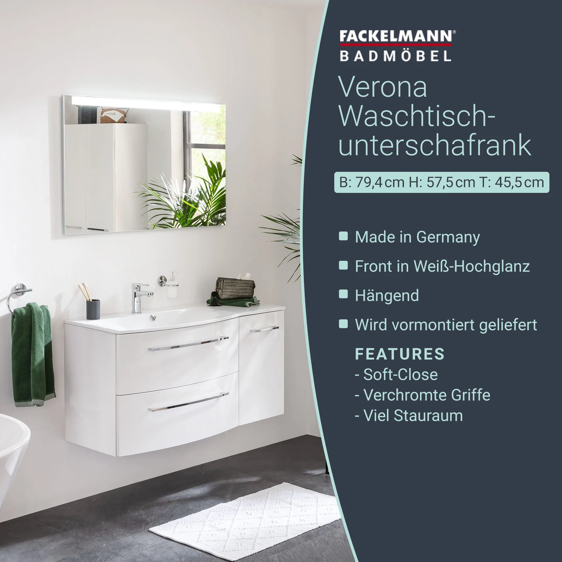 Fackelmann VERONA Waschbeckenunterschrank 79,4 cm breit, Weiß Hochglanz