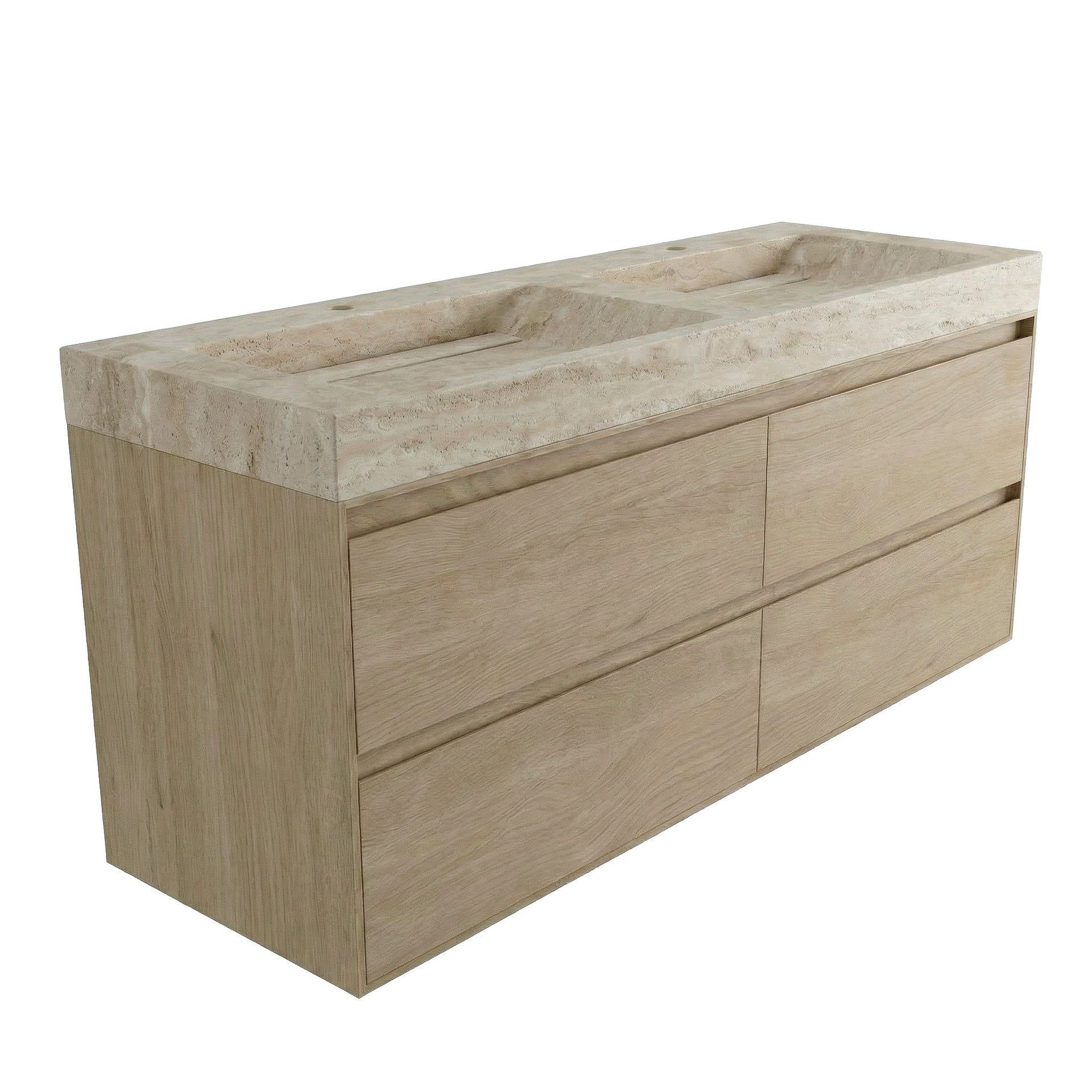 FORZALAQUA IBIZA BELLEZZA Waschbecken mit Unterschrank 140 cm breit, Braun hell, Doppelwaschbecken Naturstein Travertin matt mit zwei Hahnlöchern, 4 Schubladen